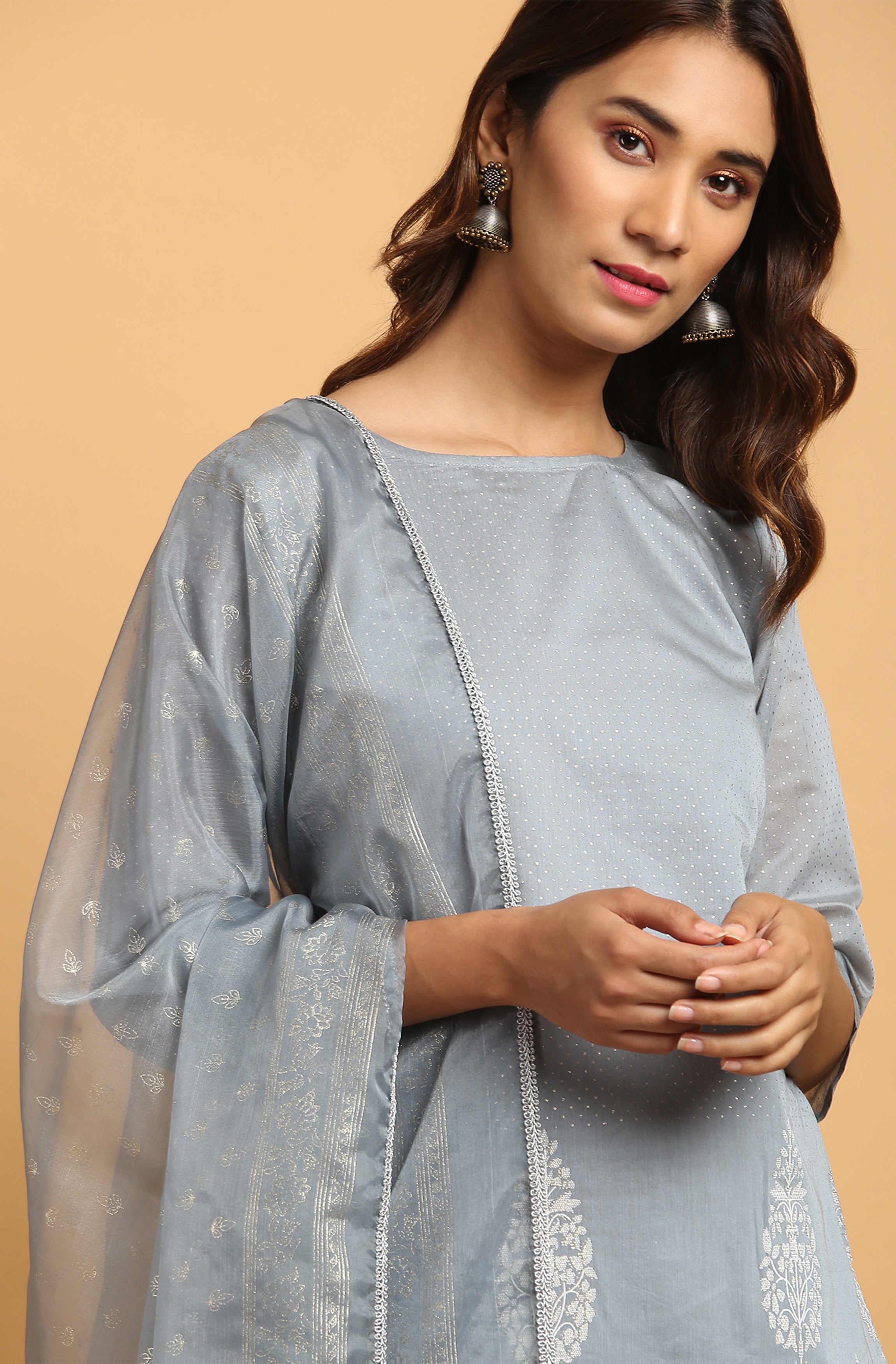Janasya Women's Grey Poly Chanderi Ethnic Motifs Kurta With Pant And Dupatta