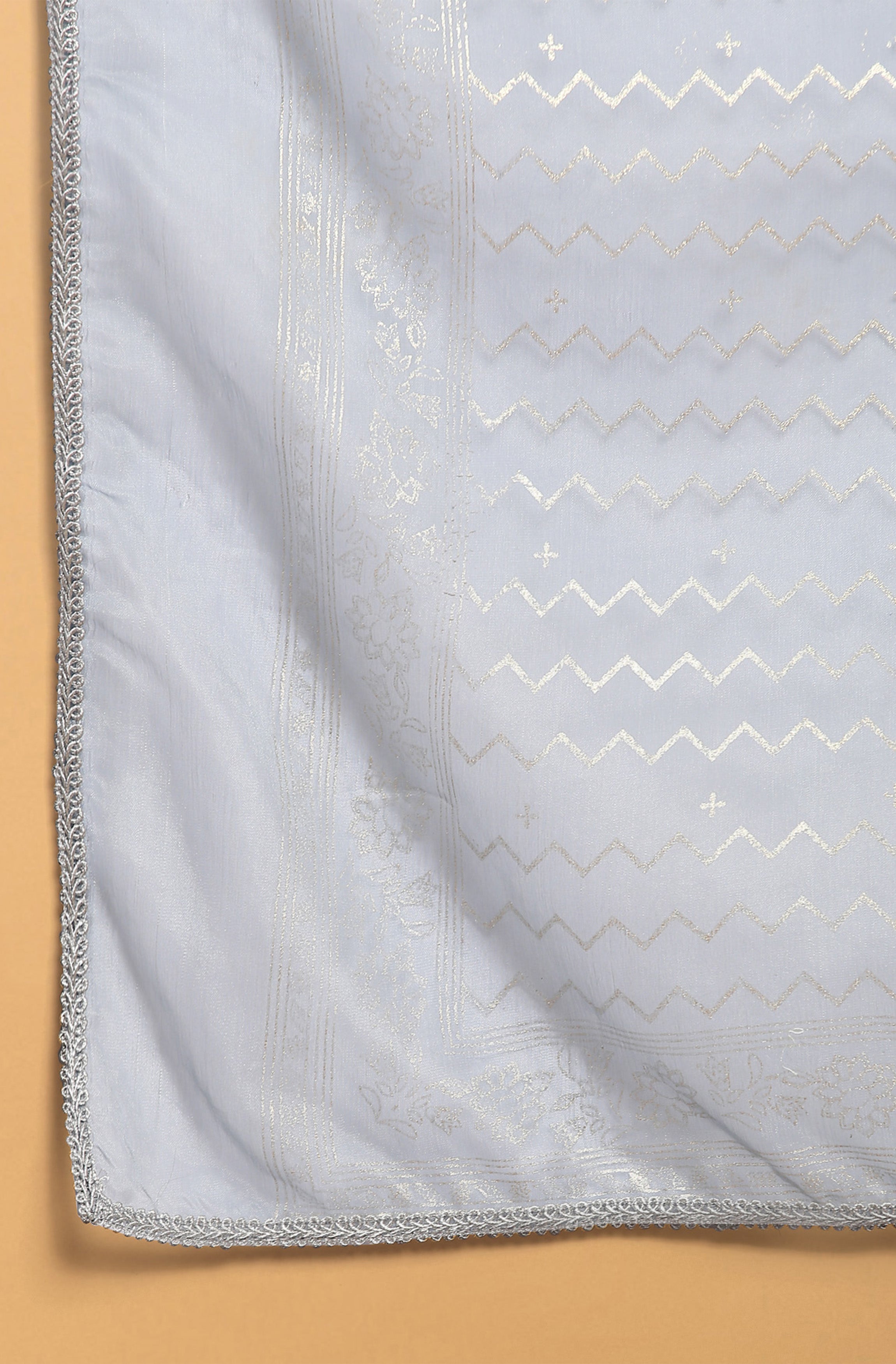 Janasya Women's Grey Poly Chanderi Ethnic Motifs Kurta With Pant And Dupatta