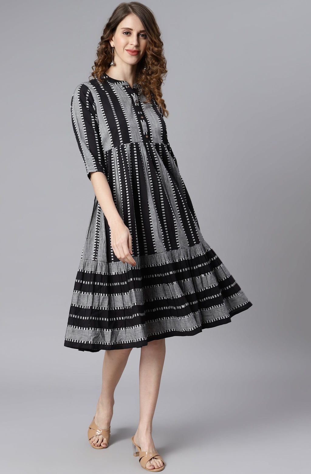 Indian Clothing Janasya Women's Black Cotton Striped Flared Western Dress