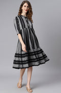 Indian Clothing Janasya Women's Black Cotton Striped Flared Western Dress