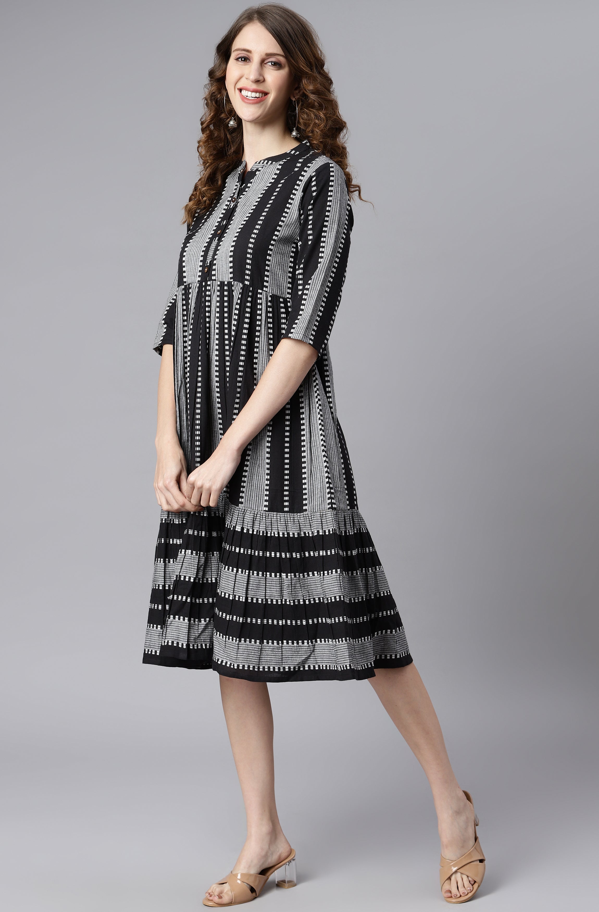 Indian Clothing Janasya Women's Black Cotton Striped Flared Western Dress