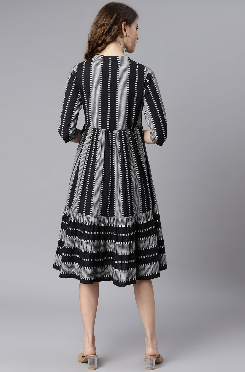 Indian Clothing Janasya Women's Black Cotton Striped Flared Western Dress