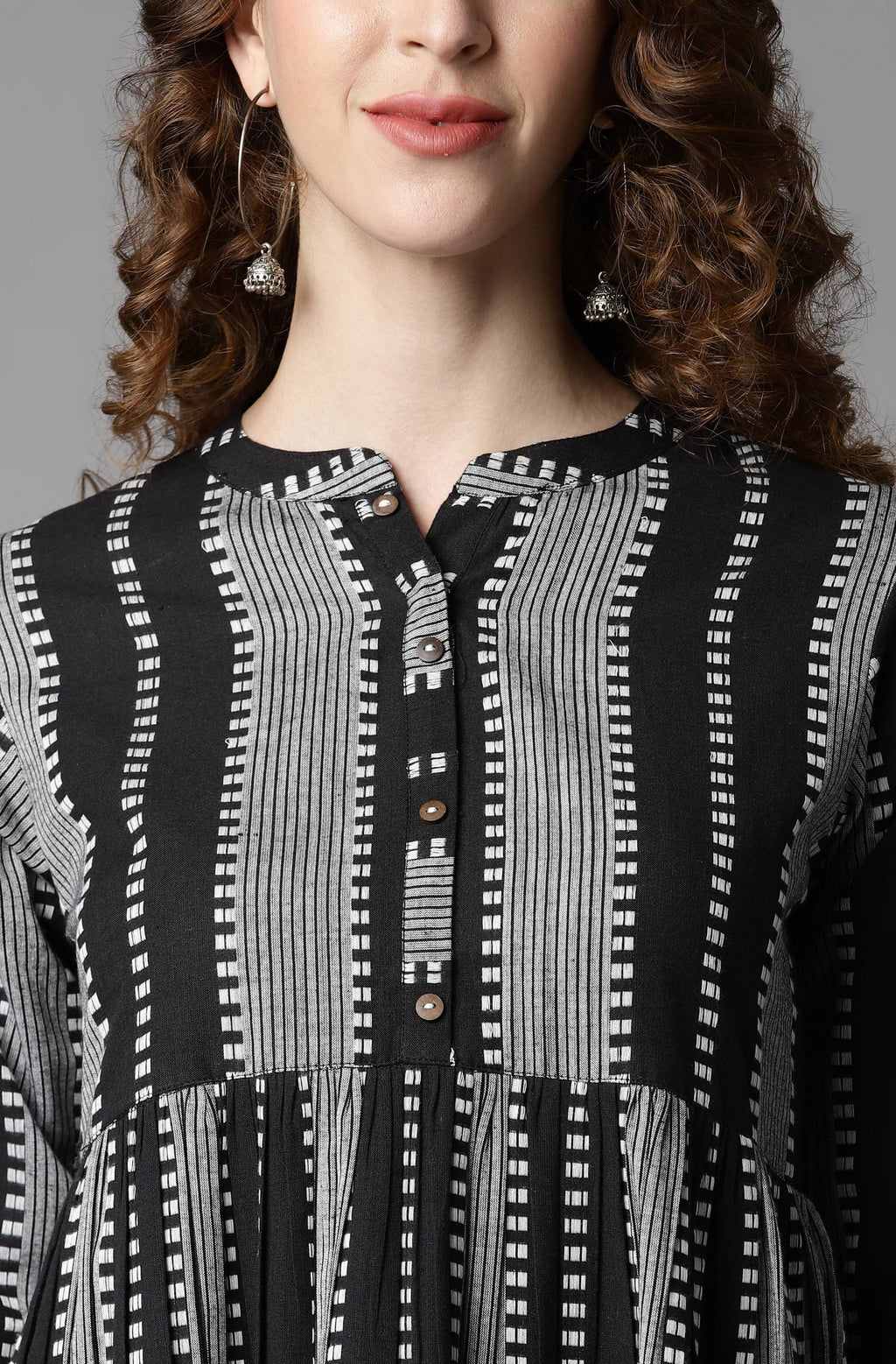 Indian Clothing Janasya Women's Black Cotton Striped Flared Western Dress