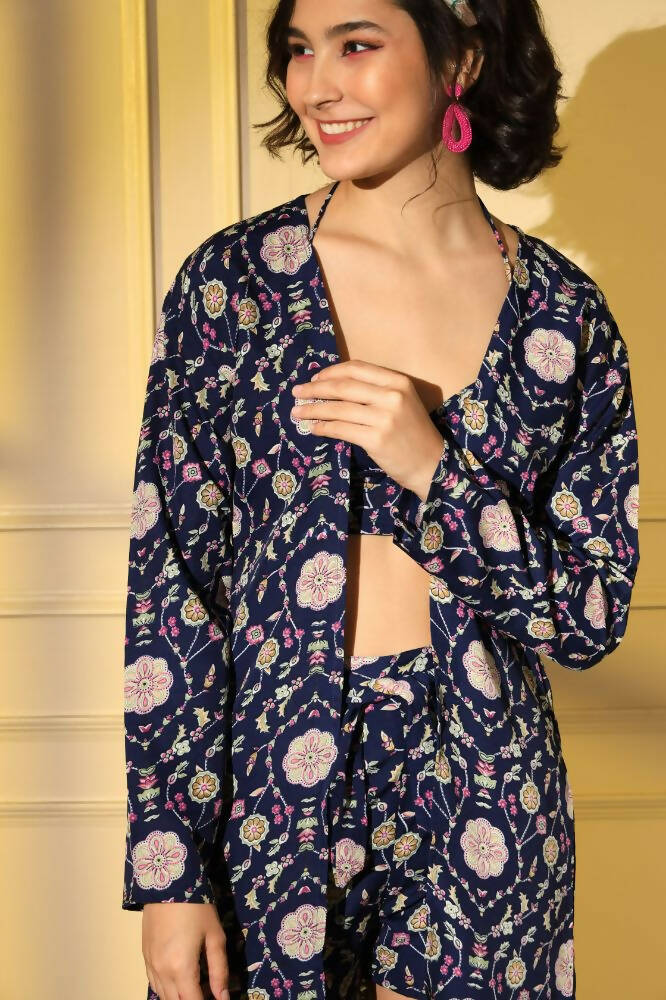 Navy Blue Platinum Creap Printed Co-Sets - Femella