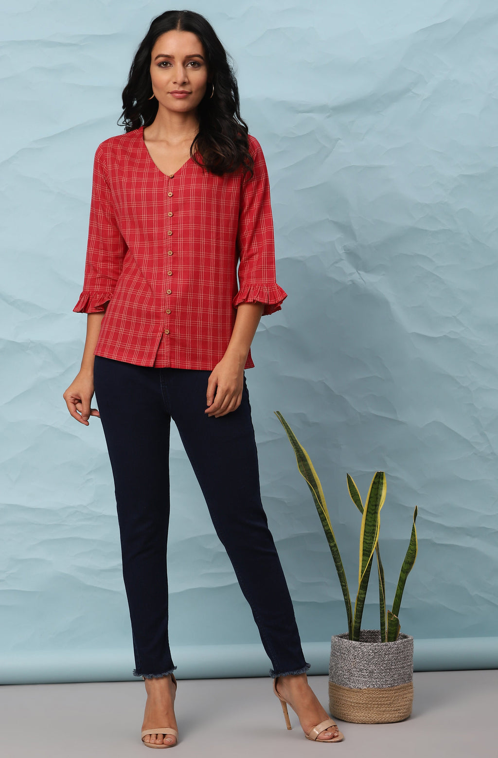 Janasya Women's Red Cotton Checkered Regular Top