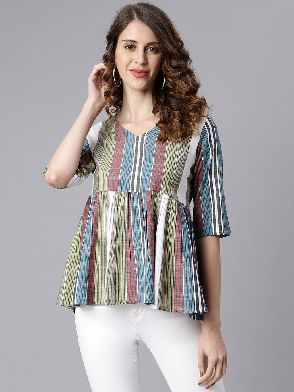Janasya Women's Multicolor Cotton Striped Gathered Top