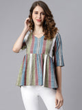 Janasya Women's Multicolor Cotton Striped Gathered Top