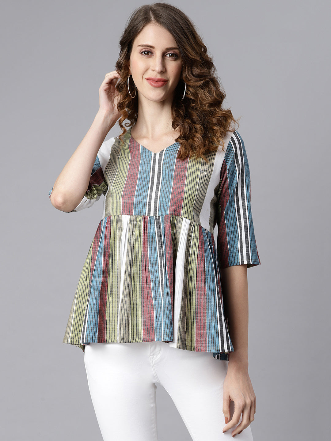Janasya Women's Multicolor Cotton Striped Gathered Top