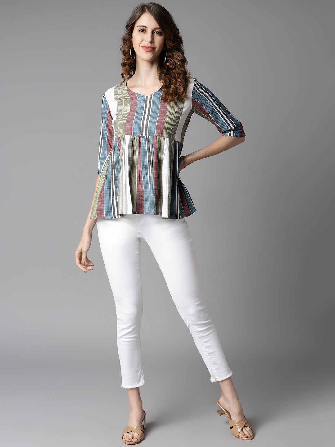 Janasya Women's Multicolor Cotton Striped Gathered Top