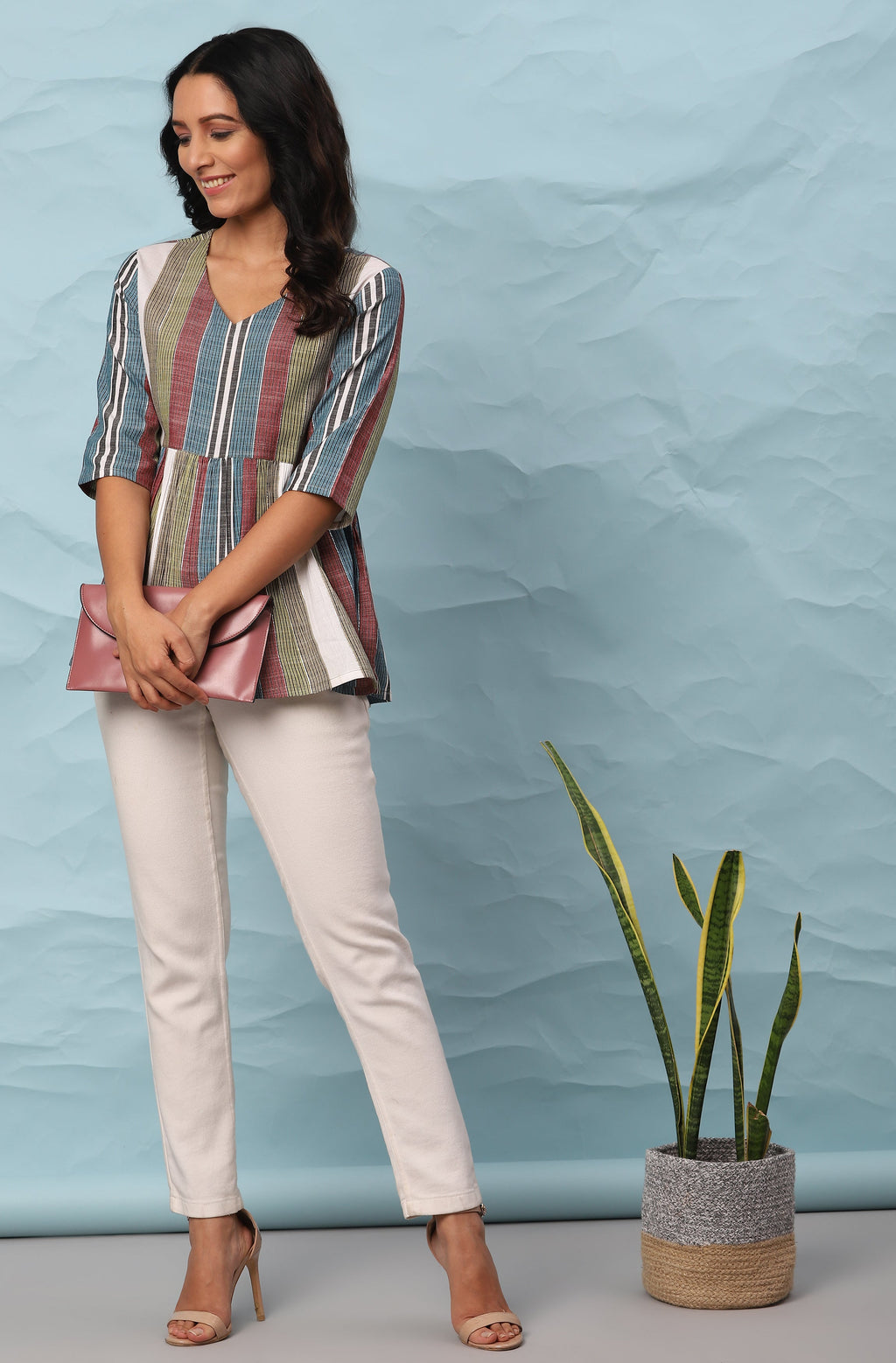 Janasya Women's Multicolor Cotton Striped Gathered Top