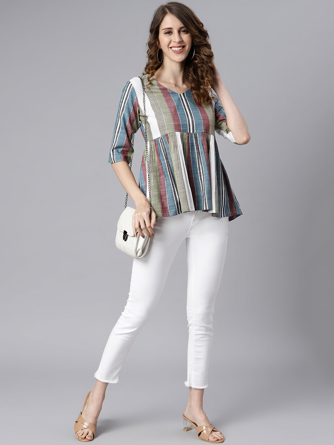 Janasya Women's Multicolor Cotton Striped Gathered Top