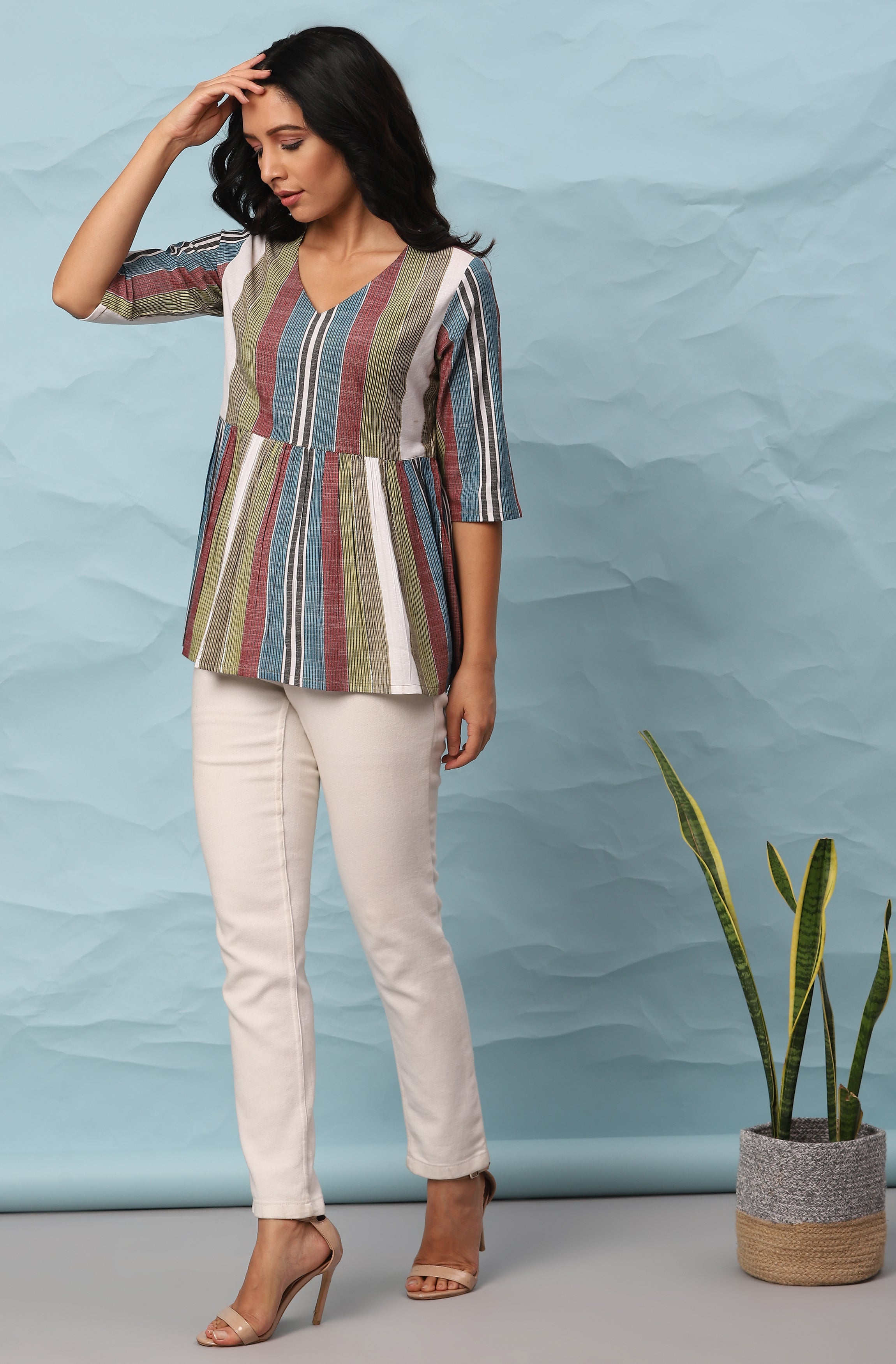 Janasya Women's Multicolor Cotton Striped Gathered Top