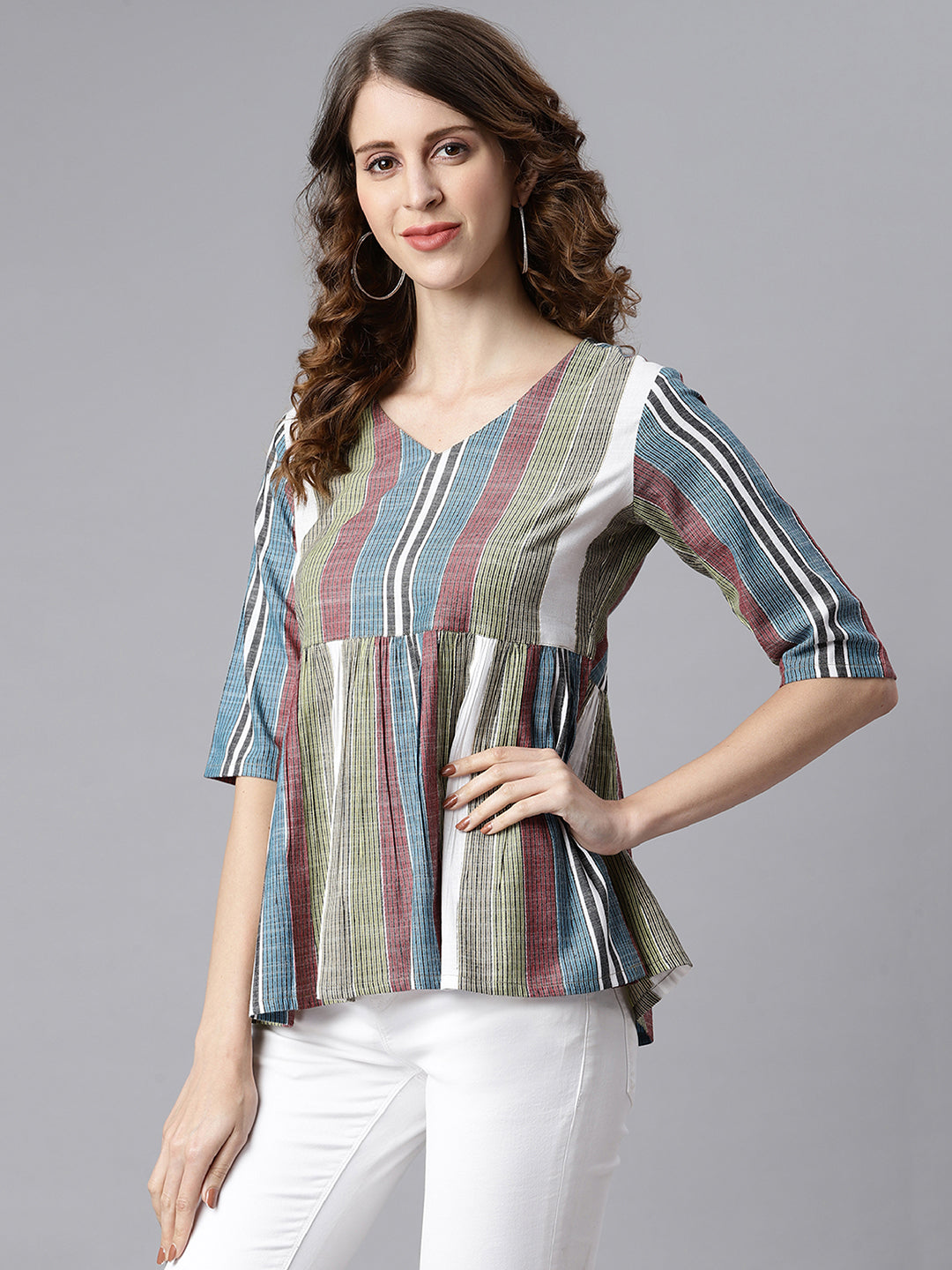 Janasya Women's Multicolor Cotton Striped Gathered Top