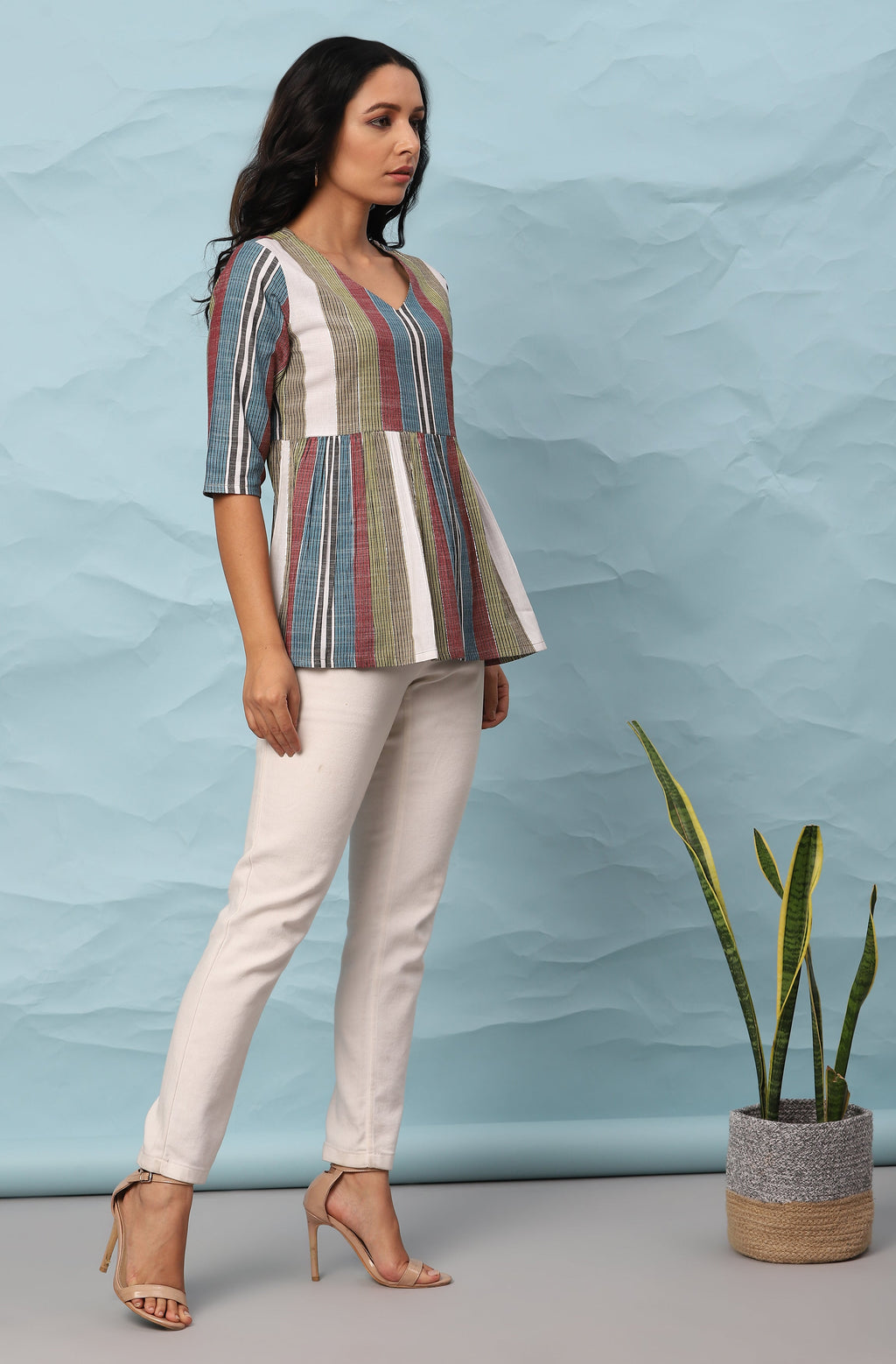 Janasya Women's Multicolor Cotton Striped Gathered Top