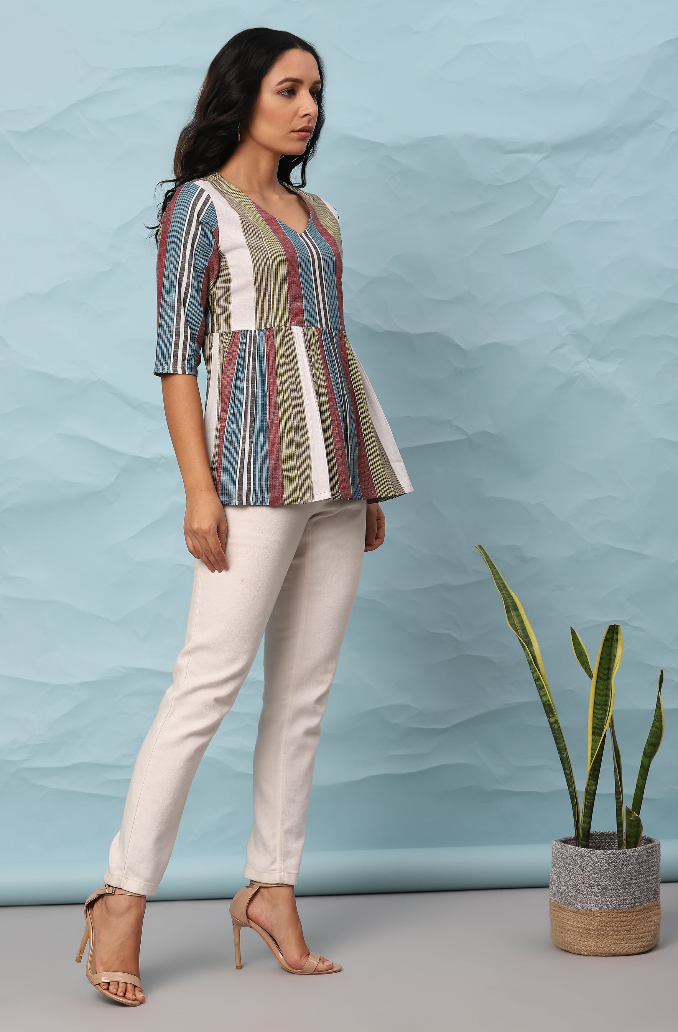 Janasya Women's Multicolor Cotton Striped Gathered Top
