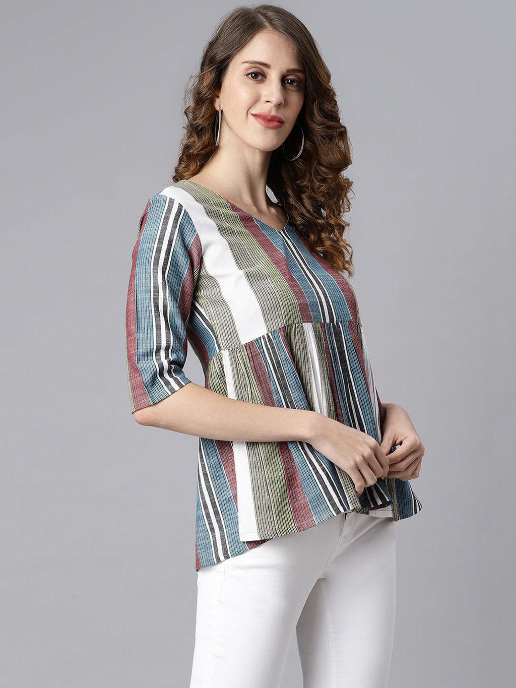 Janasya Women's Multicolor Cotton Striped Gathered Top