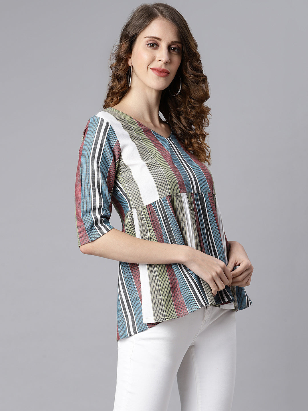 Janasya Women's Multicolor Cotton Striped Gathered Top