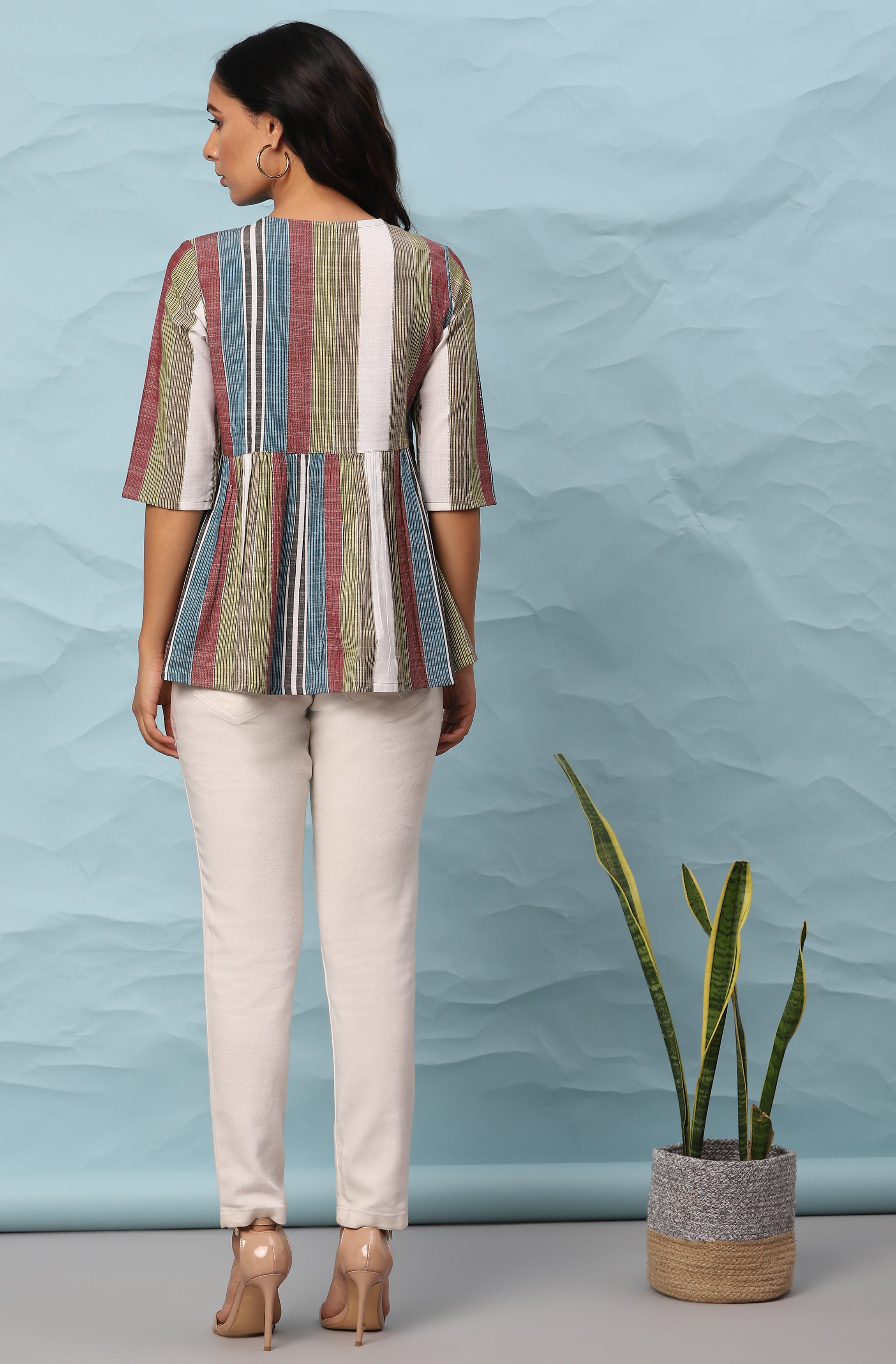 Janasya Women's Multicolor Cotton Striped Gathered Top