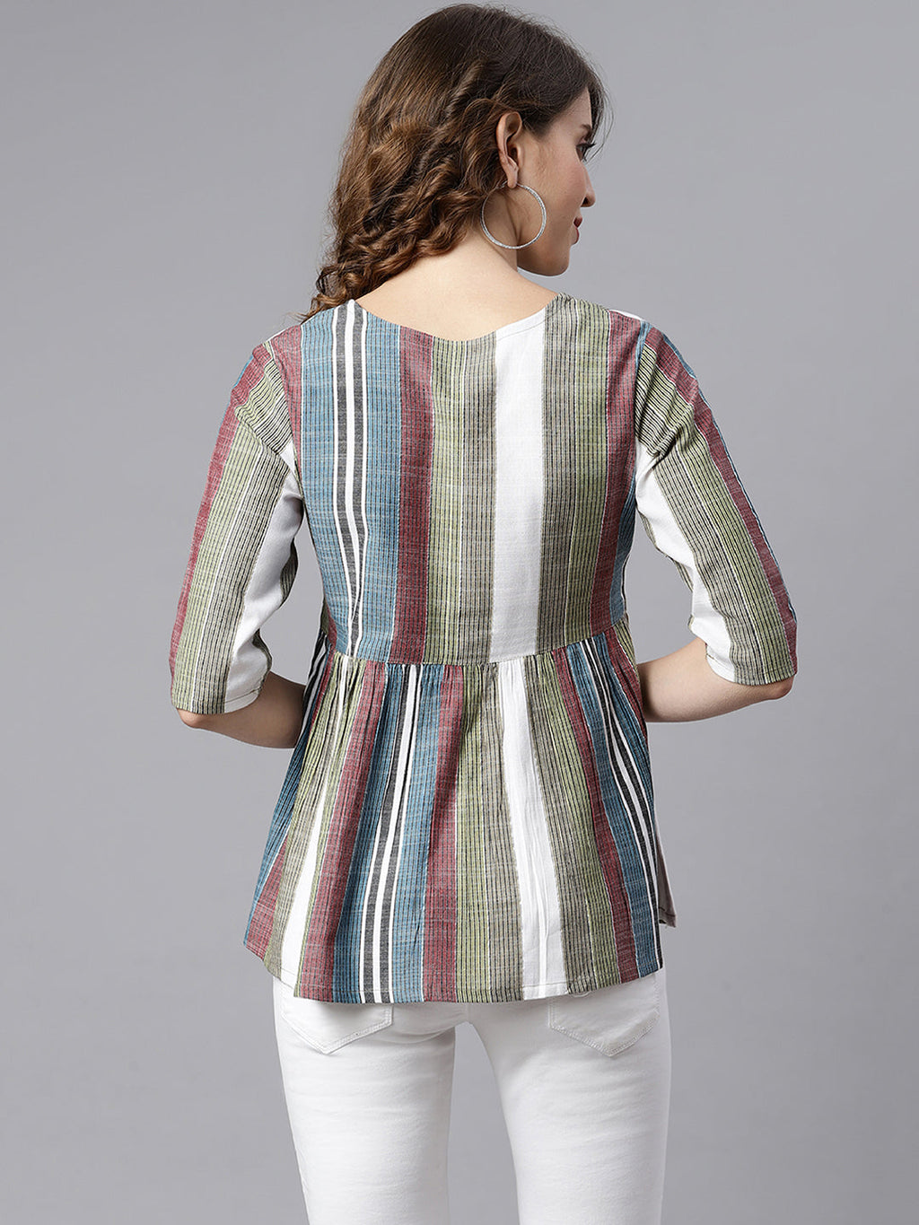 Janasya Women's Multicolor Cotton Striped Gathered Top