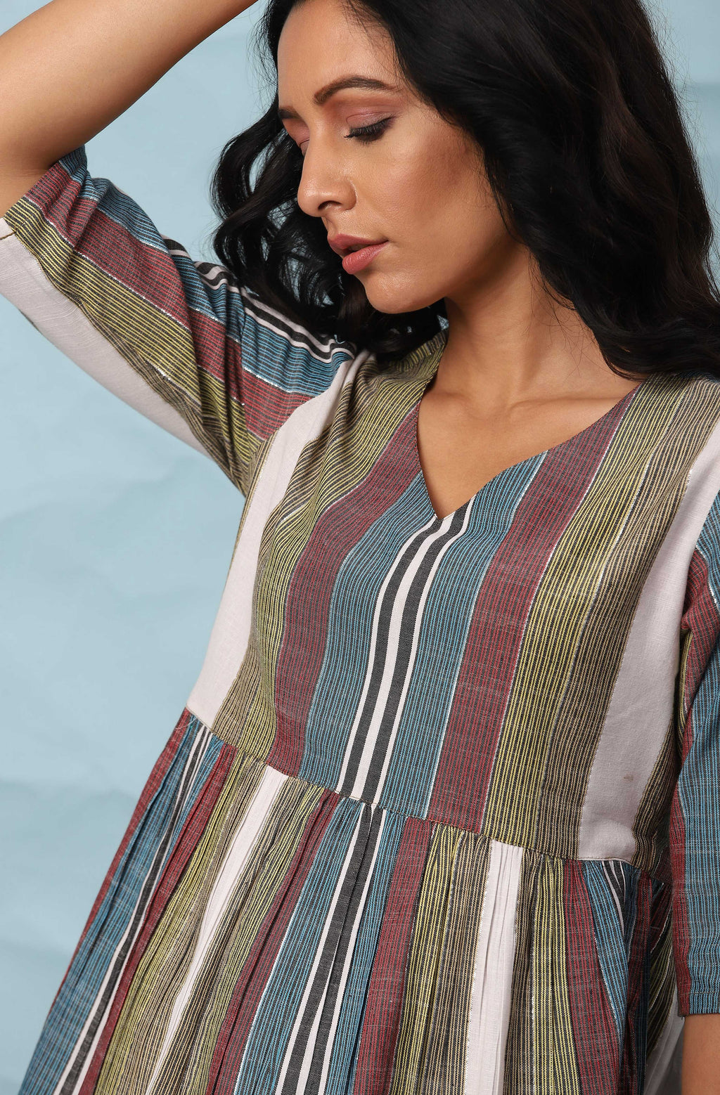 Janasya Women's Multicolor Cotton Striped Gathered Top
