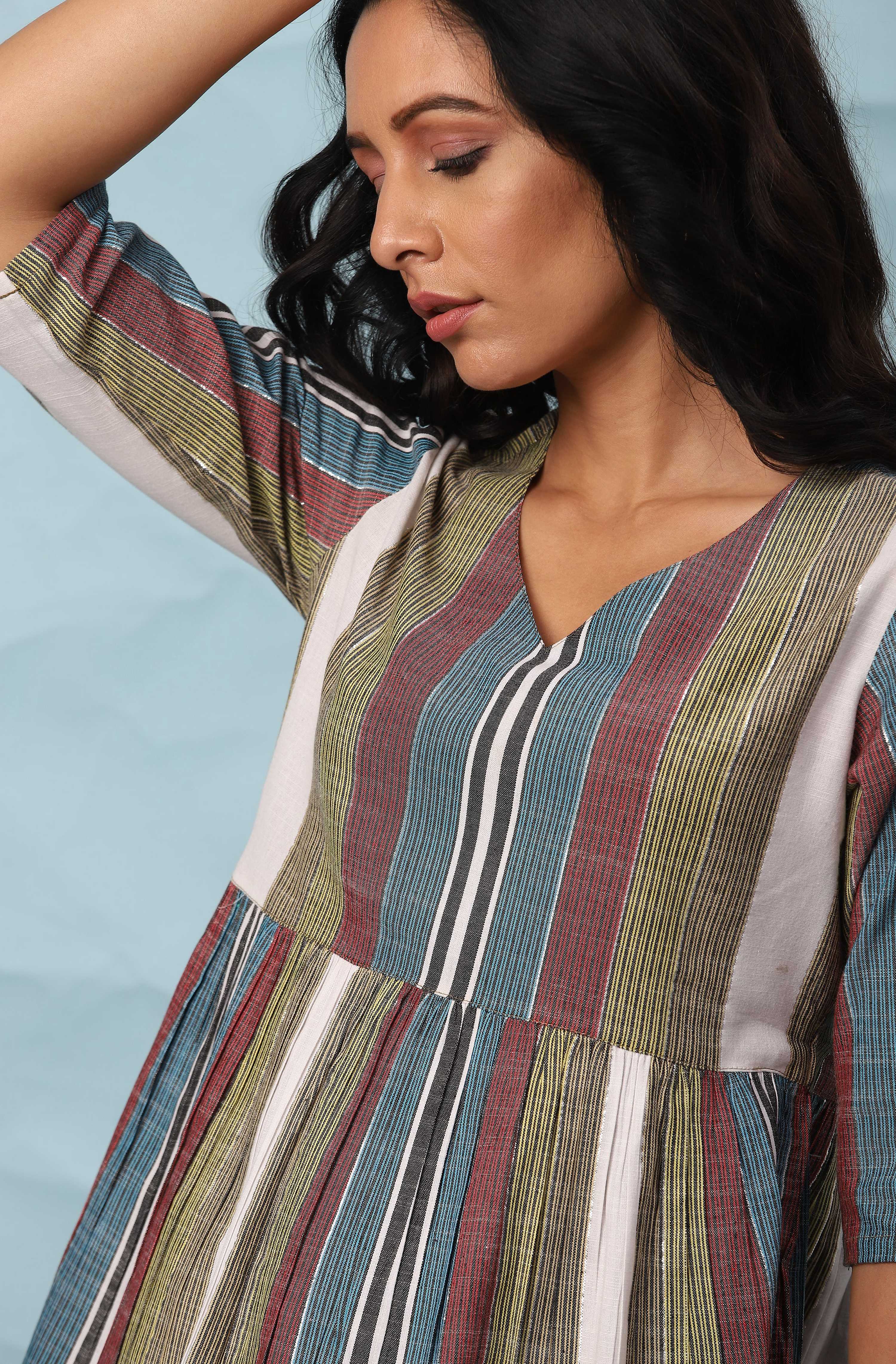 Janasya Women's Multicolor Cotton Striped Gathered Top