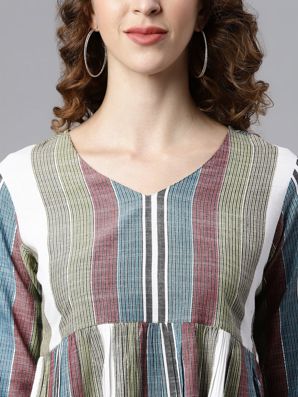 Janasya Women's Multicolor Cotton Striped Gathered Top