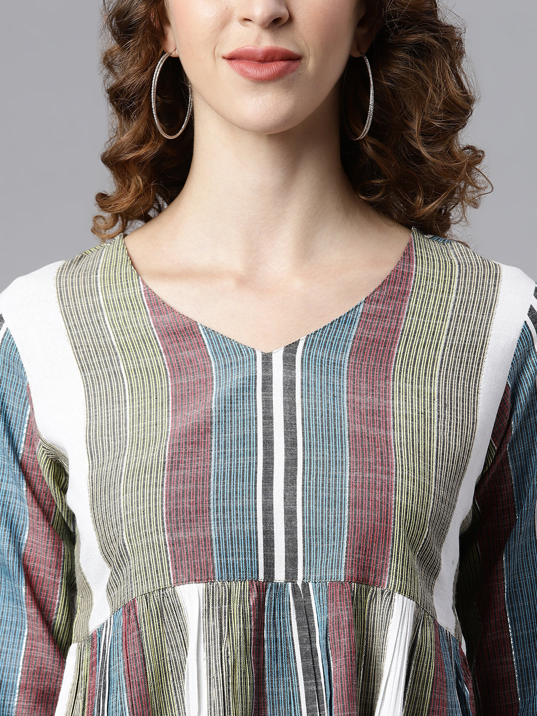 Janasya Women's Multicolor Cotton Striped Gathered Top