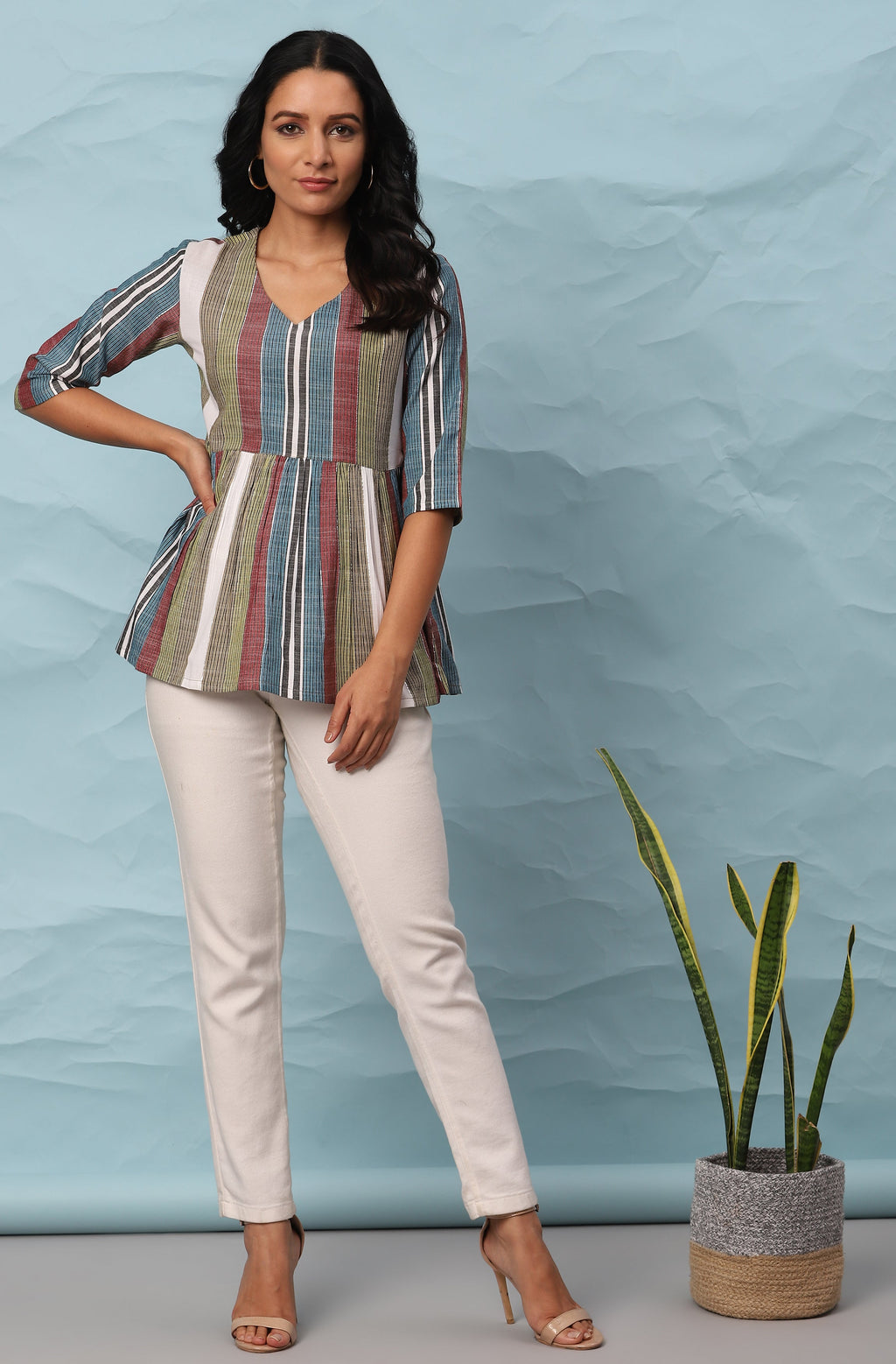 Janasya Women's Multicolor Cotton Striped Gathered Top