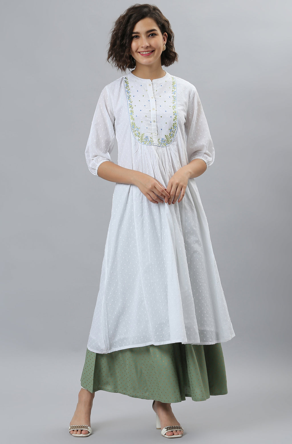 Janasya Women's White Cotton Embroidered Flared Kurta