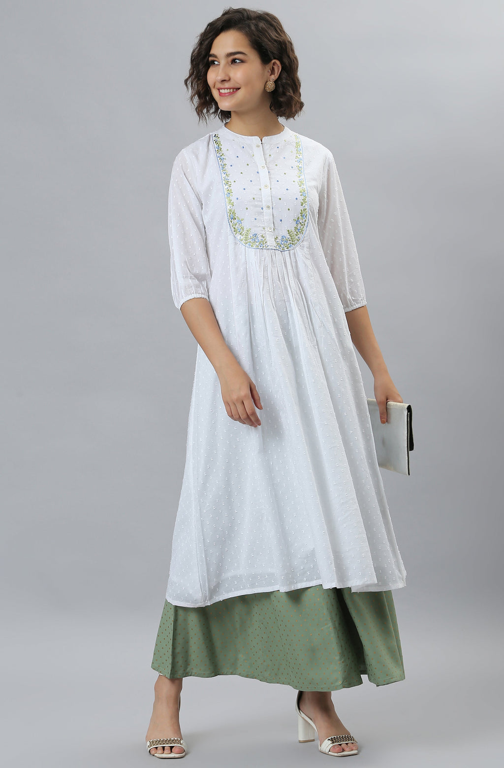 Janasya Women's White Cotton Embroidered Flared Kurta