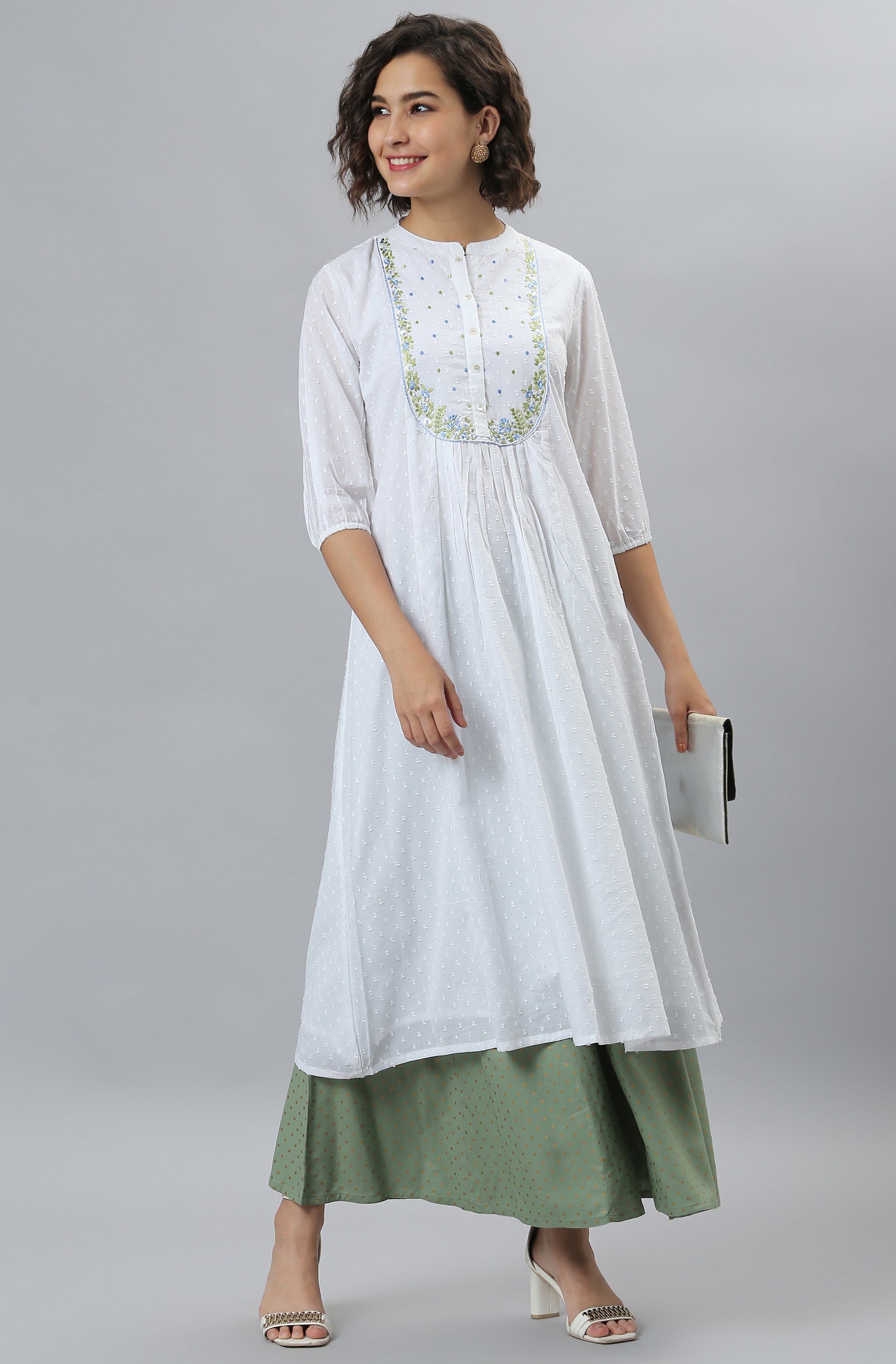 Janasya Women's White Cotton Embroidered Flared Kurta