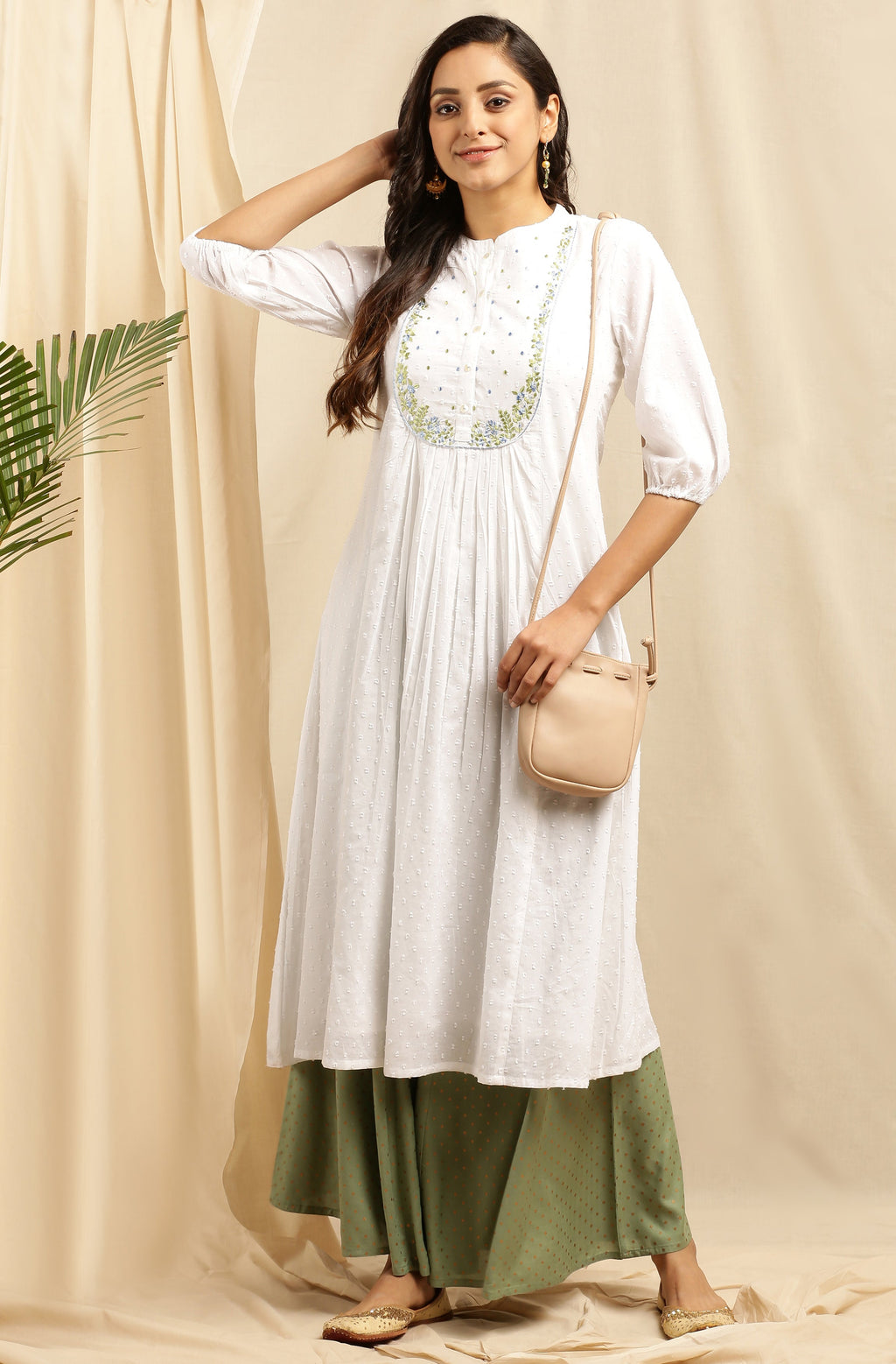 Janasya Women's White Cotton Embroidered Flared Kurta