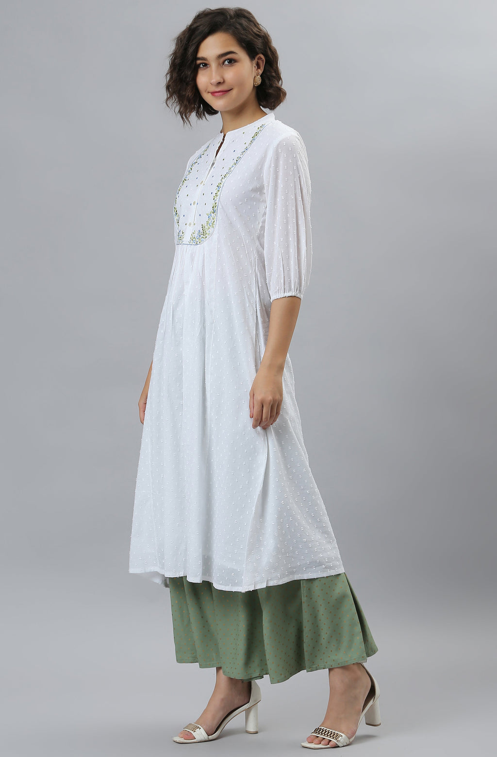 Janasya Women's White Cotton Embroidered Flared Kurta