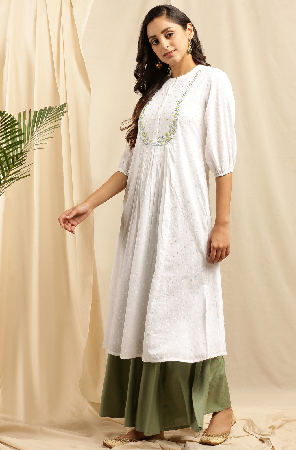 Janasya Women's White Cotton Embroidered Flared Kurta