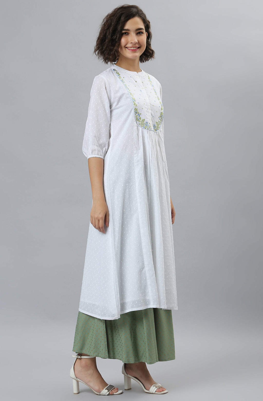 Janasya Women's White Cotton Embroidered Flared Kurta