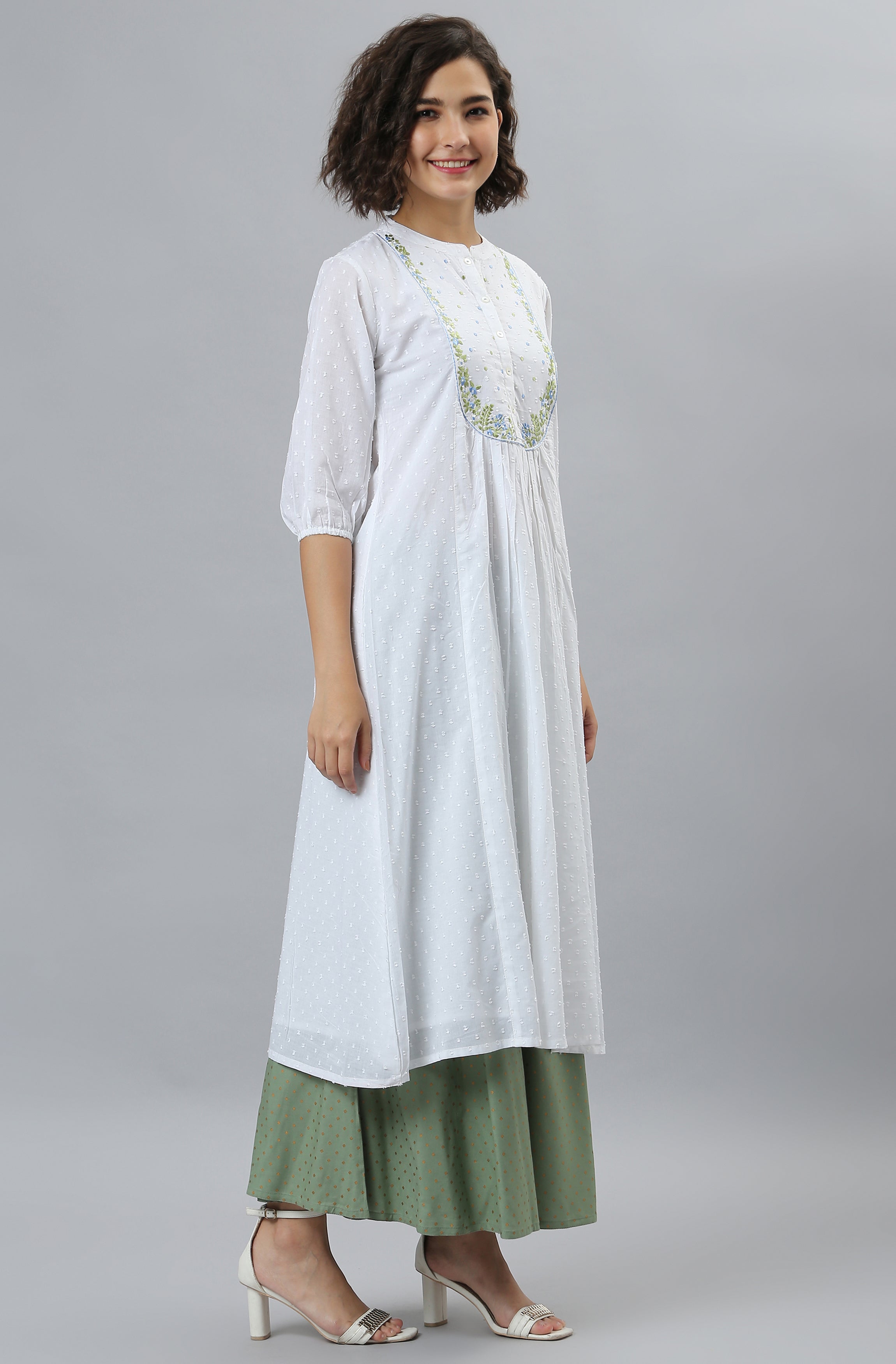 Janasya Women's White Cotton Embroidered Flared Kurta