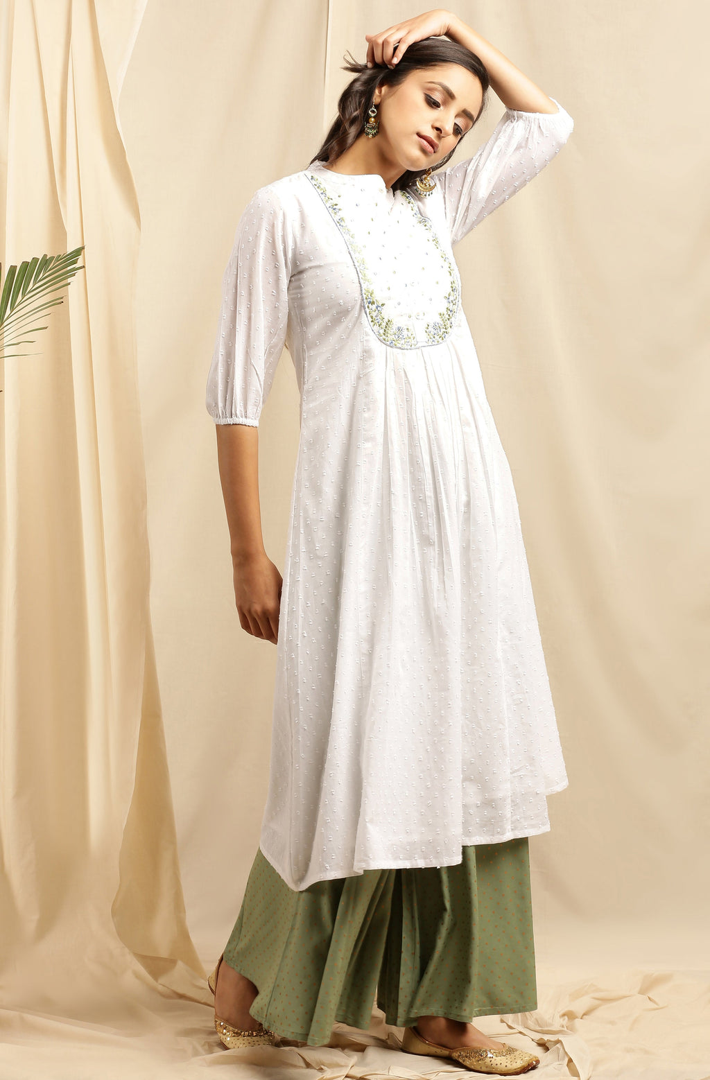 Janasya Women's White Cotton Embroidered Flared Kurta
