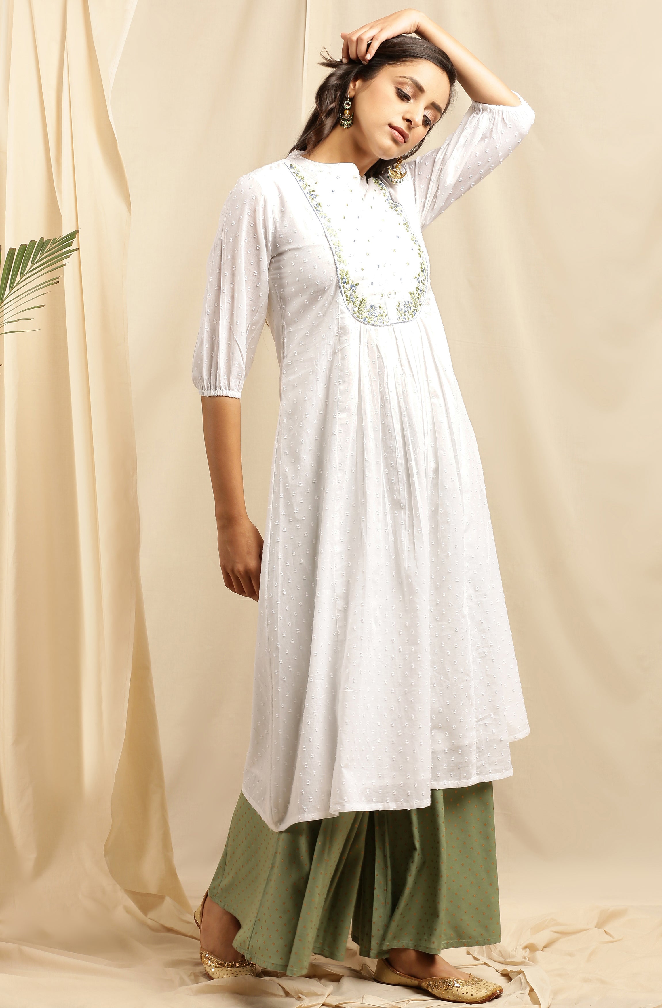 Janasya Women's White Cotton Embroidered Flared Kurta
