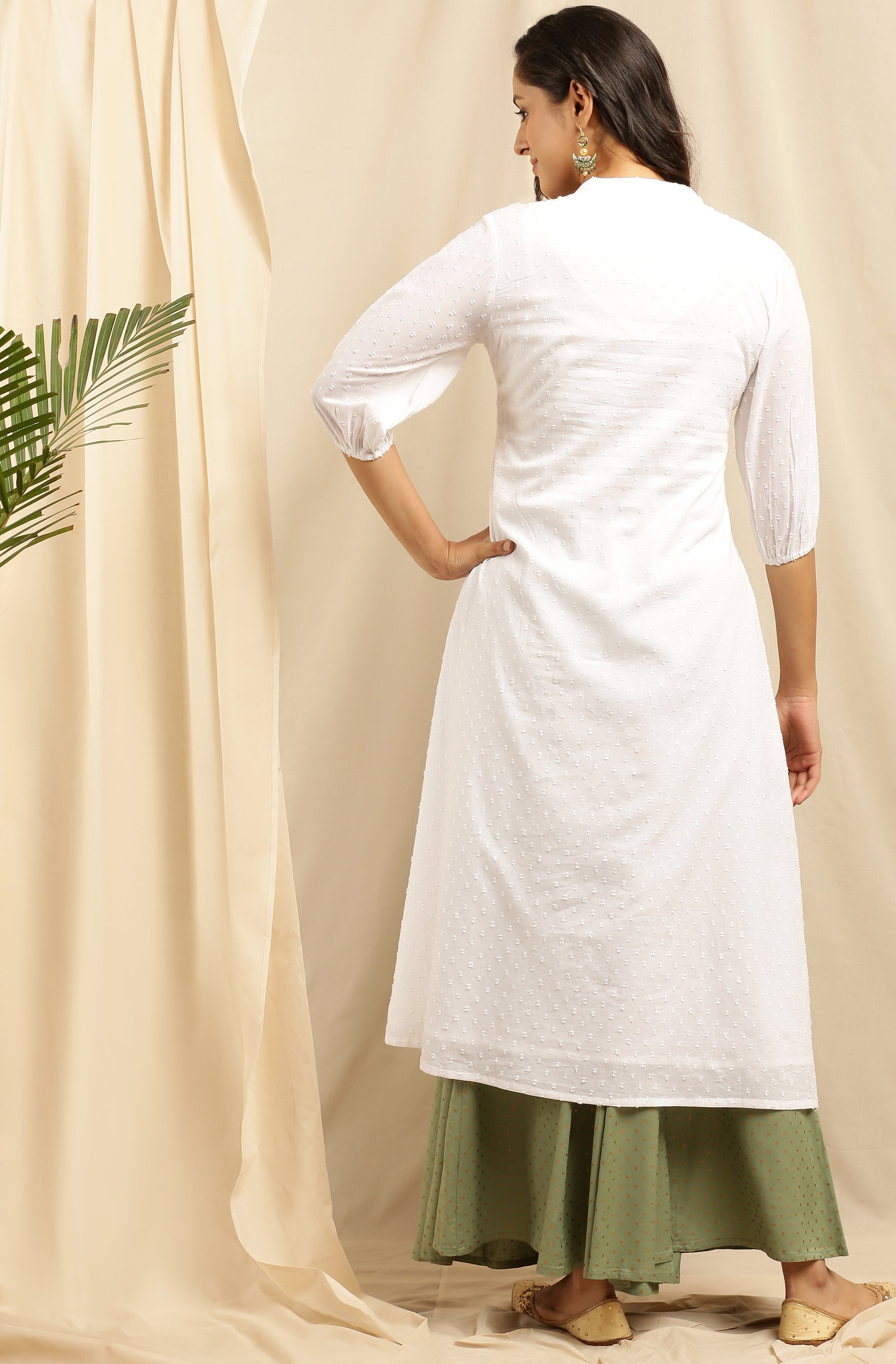 Janasya Women's White Cotton Embroidered Flared Kurta