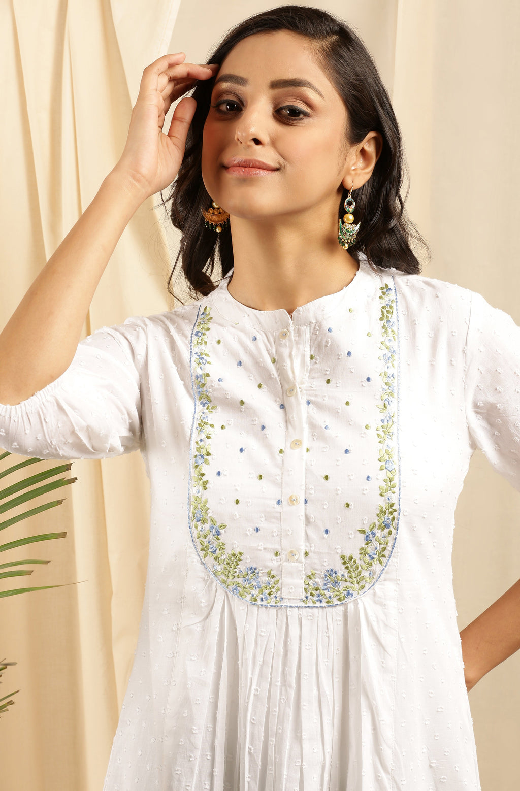 Janasya Women's White Cotton Embroidered Flared Kurta