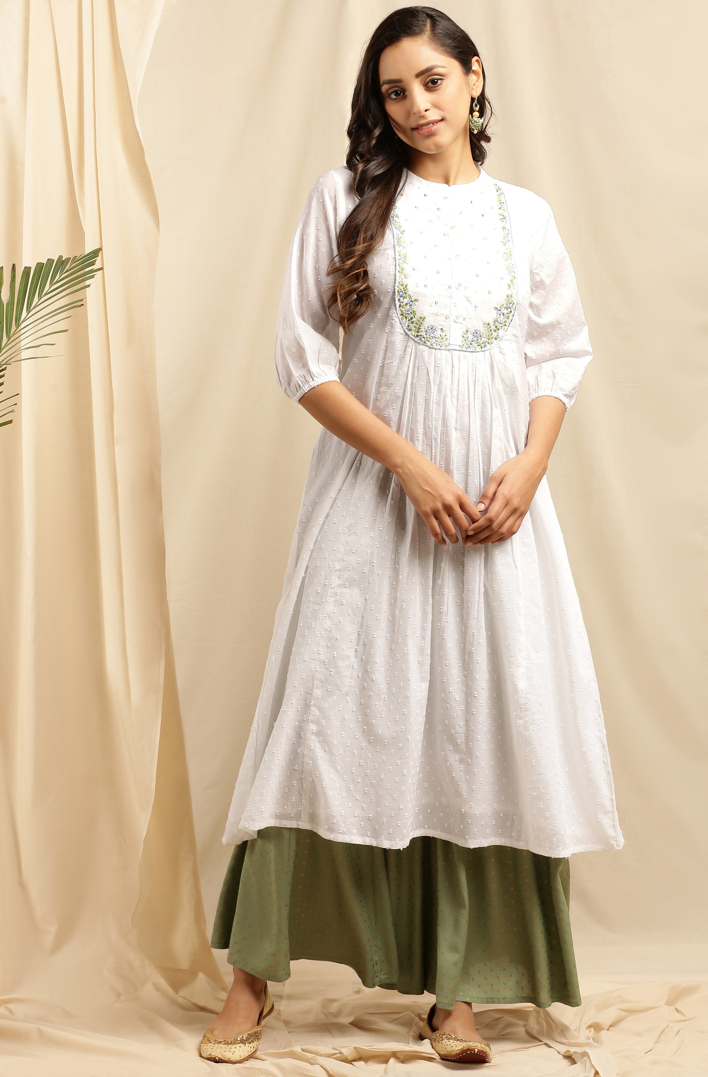 Janasya Women's White Cotton Embroidered Flared Kurta