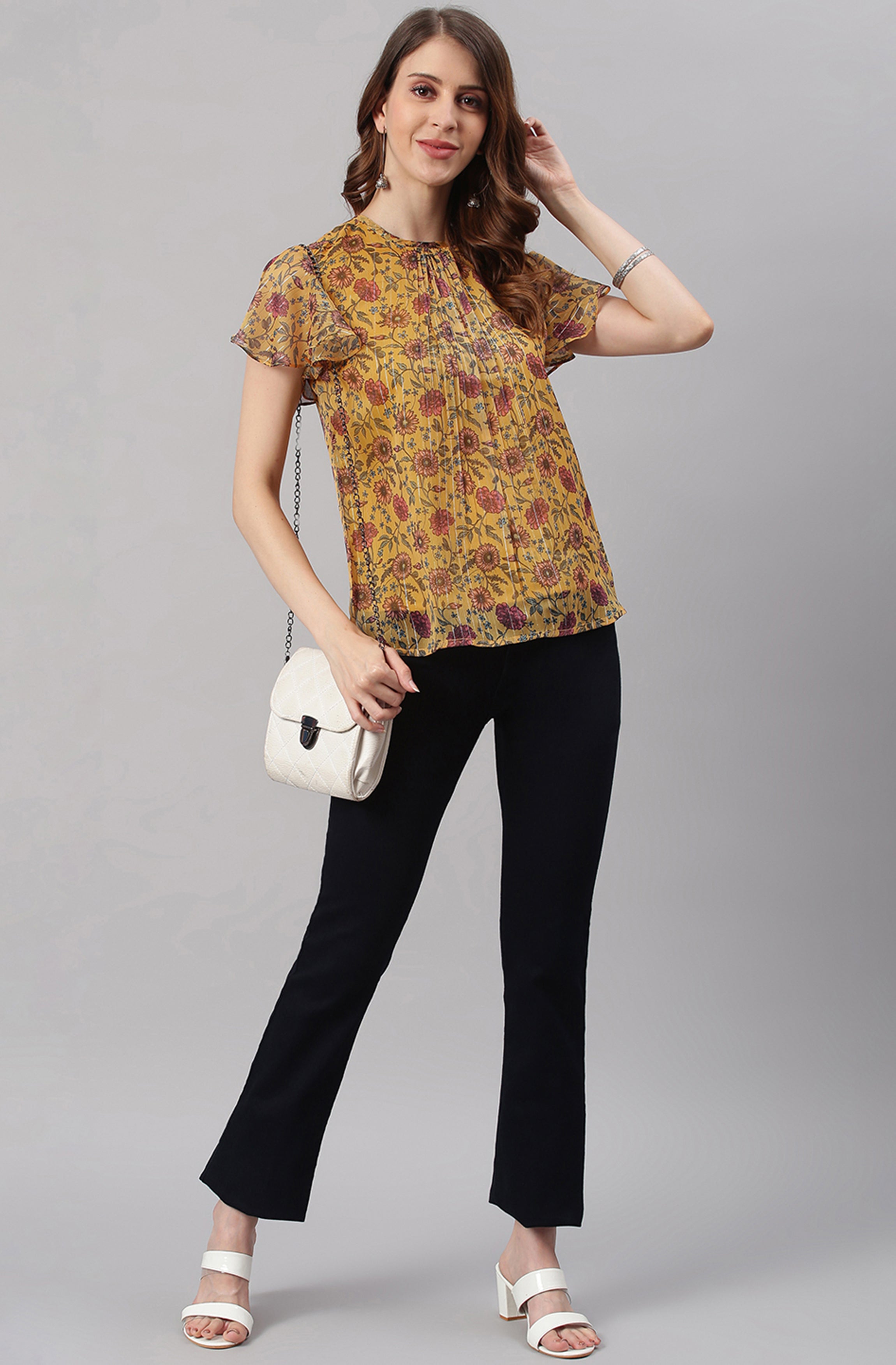 Janasya Women's Mustard Poly Georgette Floral Print Regular Top