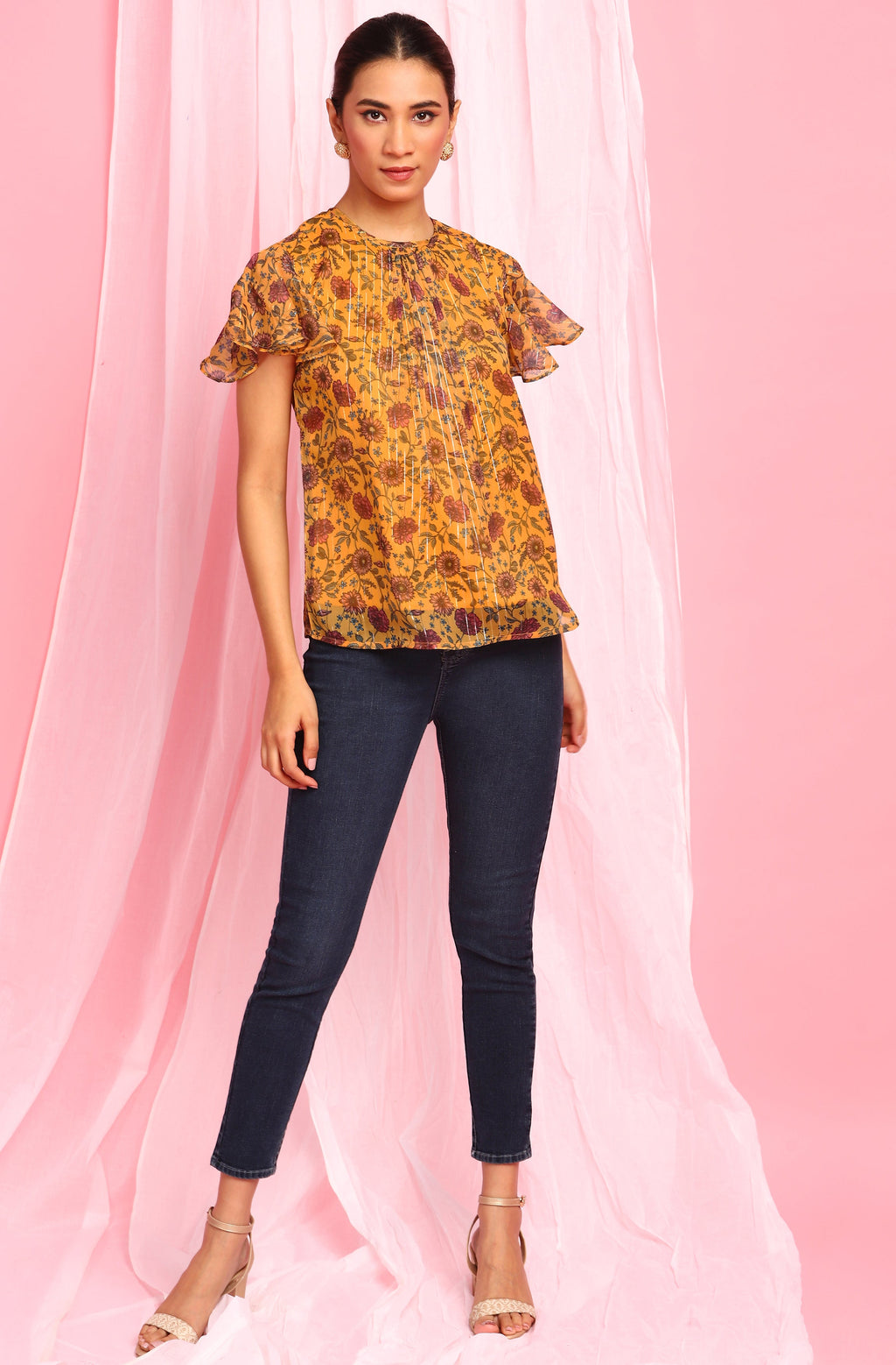 Janasya Women's Mustard Poly Georgette Floral Print Regular Top