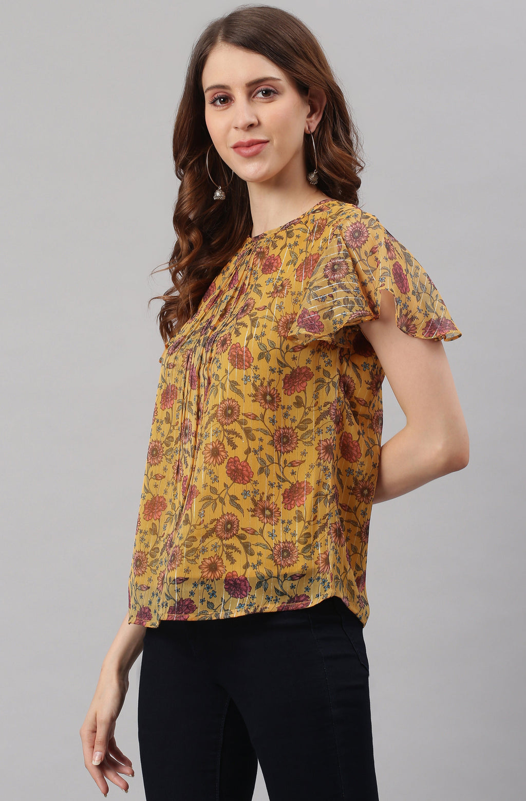 Janasya Women's Mustard Poly Georgette Floral Print Regular Top