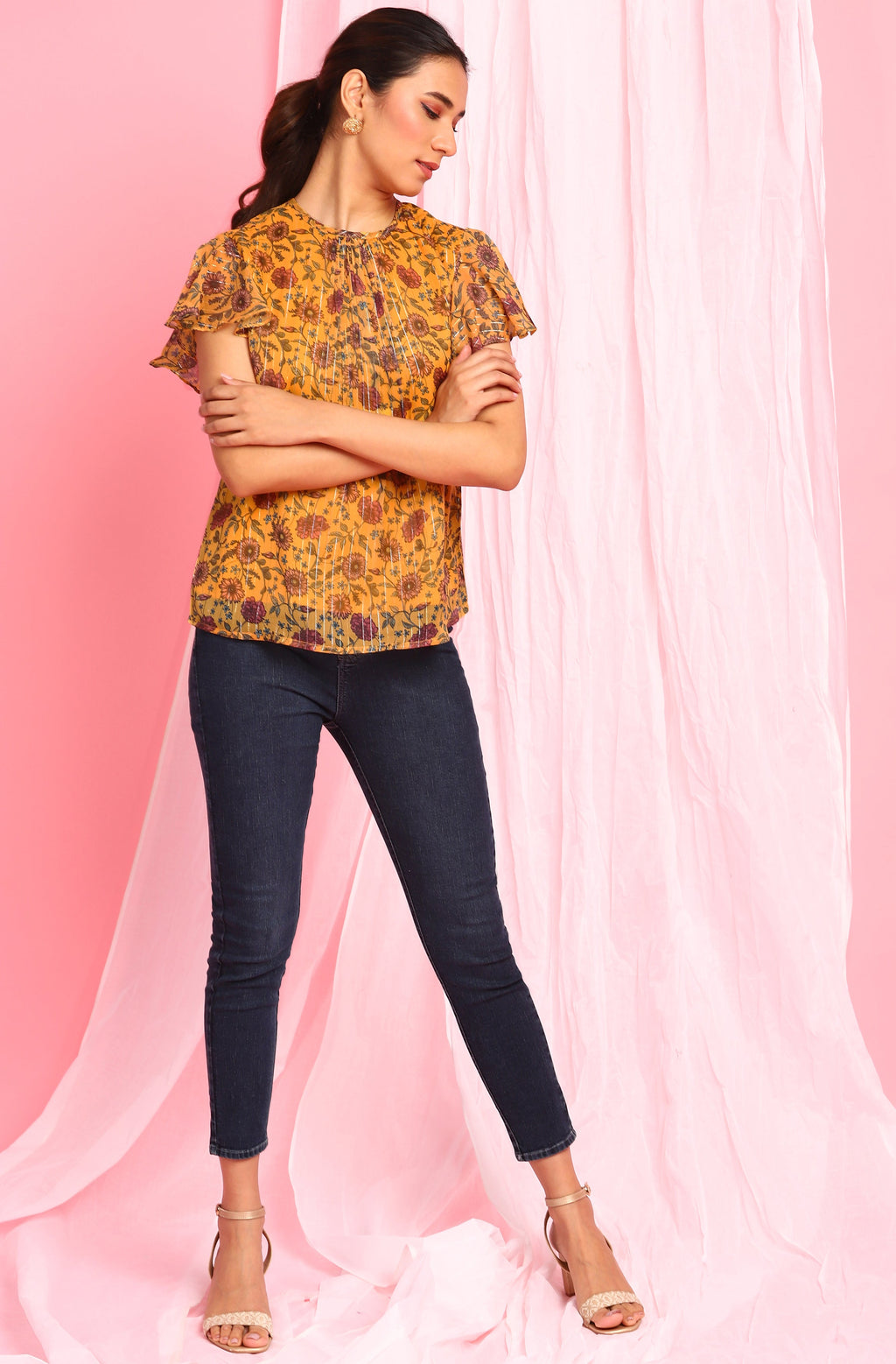 Janasya Women's Mustard Poly Georgette Floral Print Regular Top