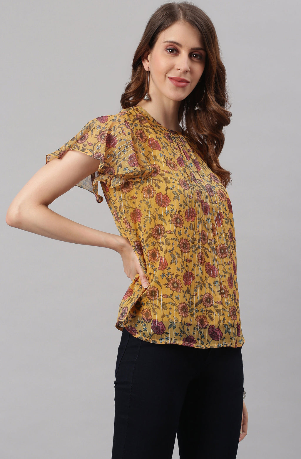 Janasya Women's Mustard Poly Georgette Floral Print Regular Top