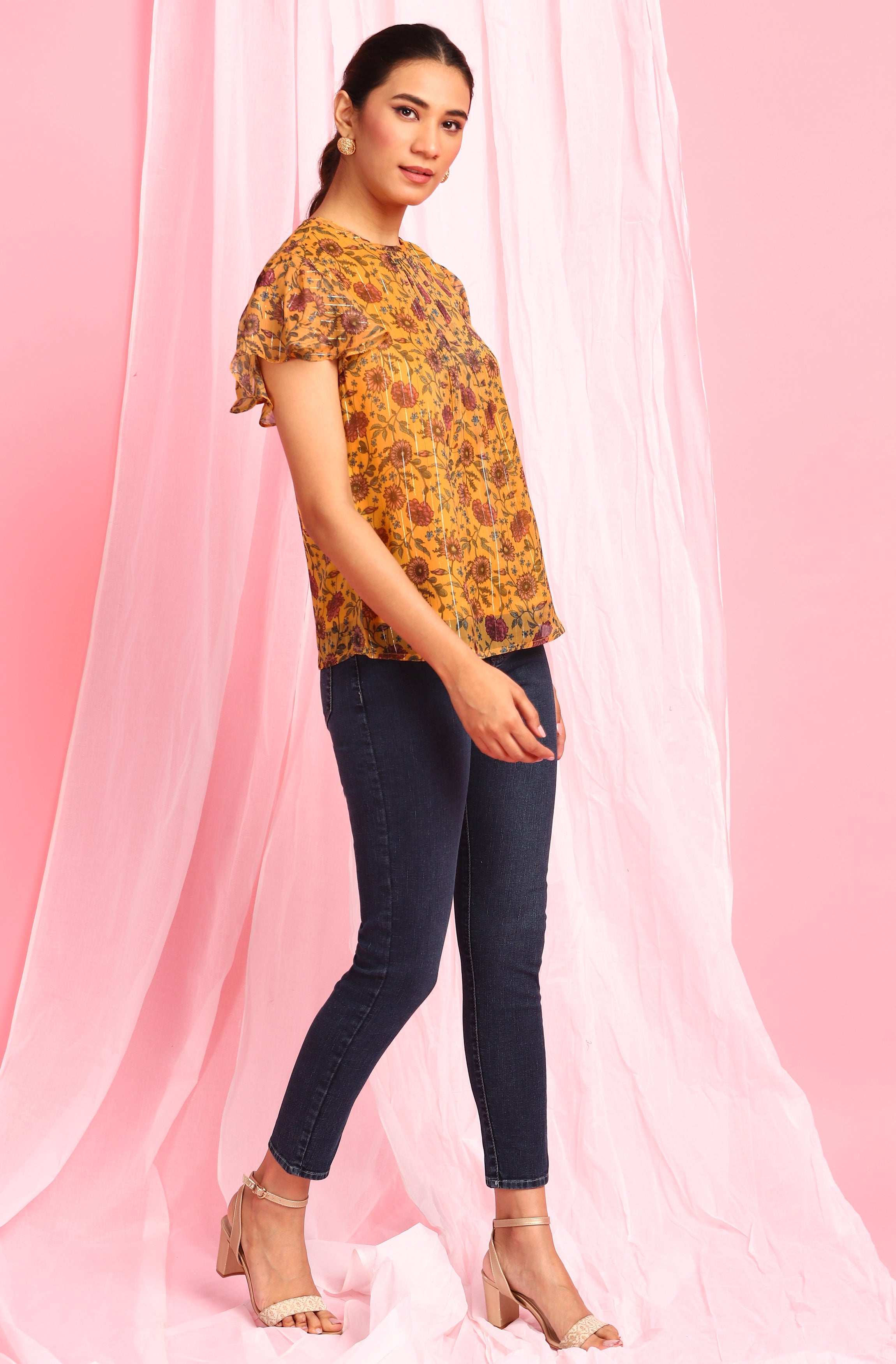 Janasya Women's Mustard Poly Georgette Floral Print Regular Top