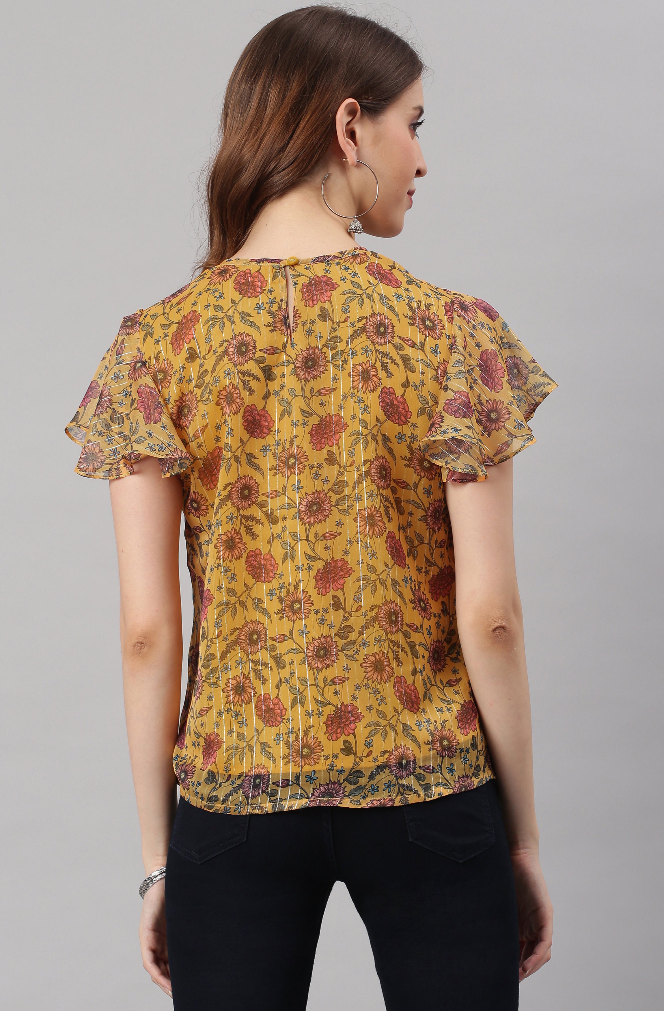 Janasya Women's Mustard Poly Georgette Floral Print Regular Top