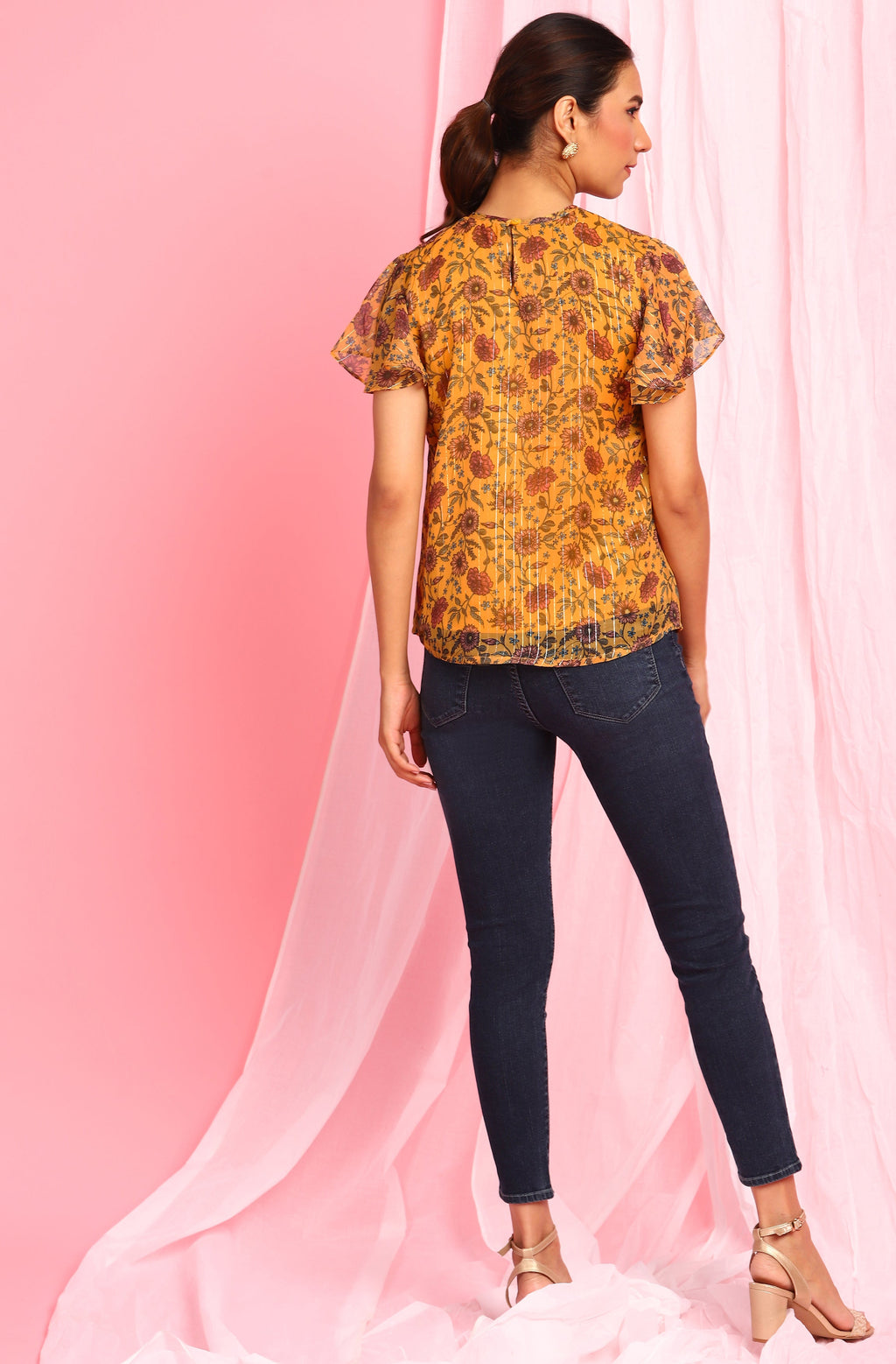 Janasya Women's Mustard Poly Georgette Floral Print Regular Top