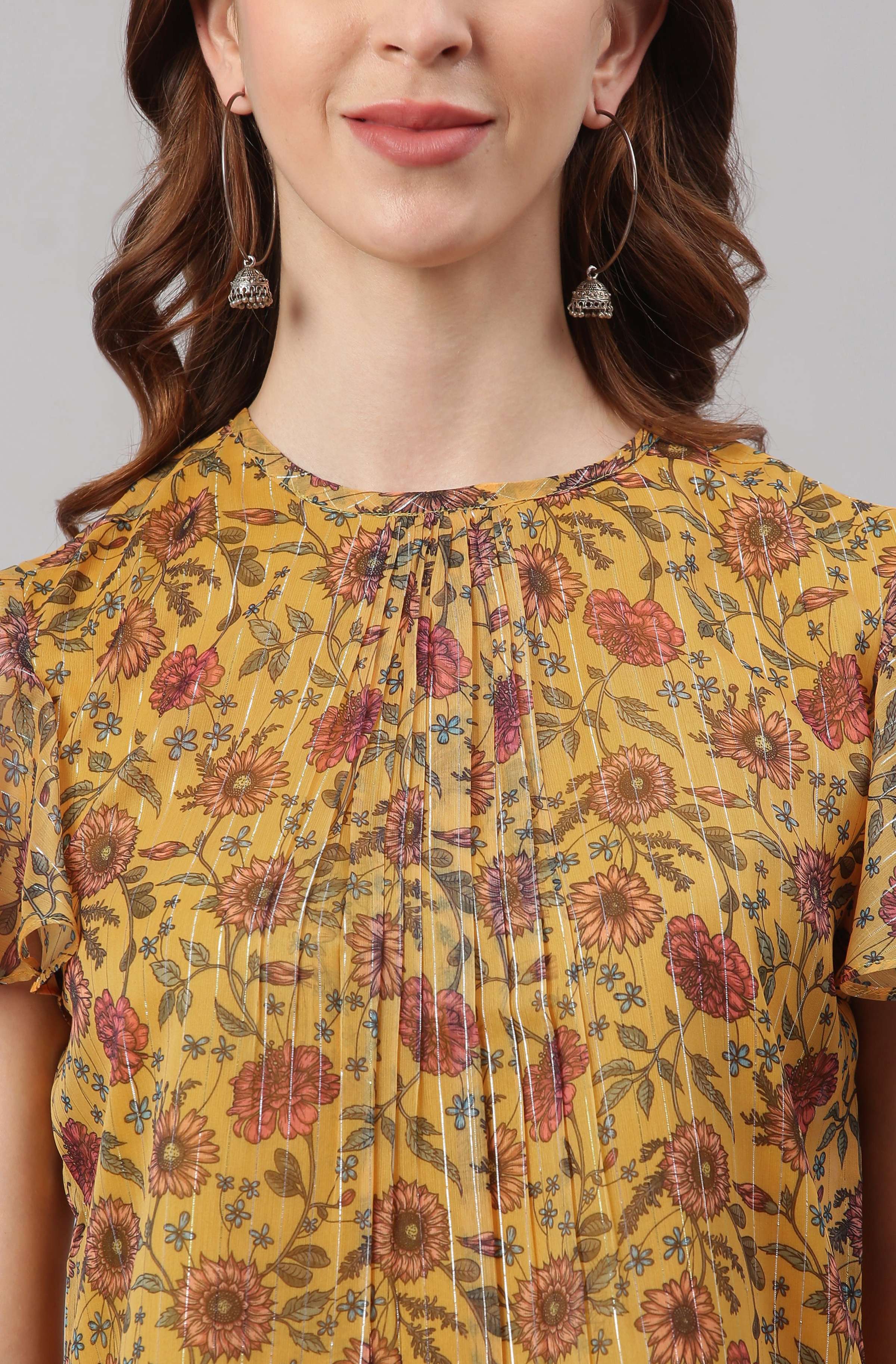 Janasya Women's Mustard Poly Georgette Floral Print Regular Top
